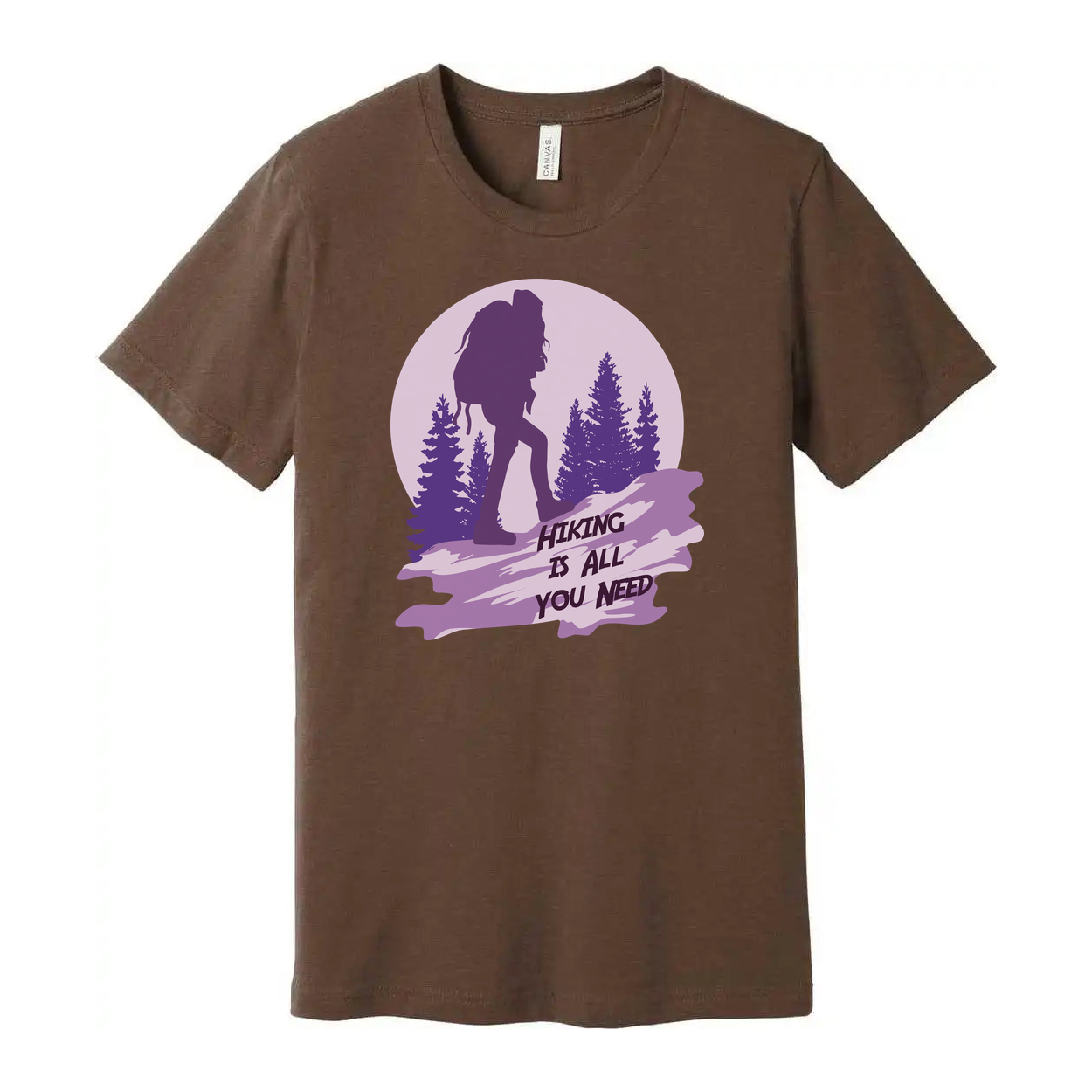 Unisex Hiking Graphic T Shirt With Silhouette Backpacker And Forest Design In Sunset Purple
