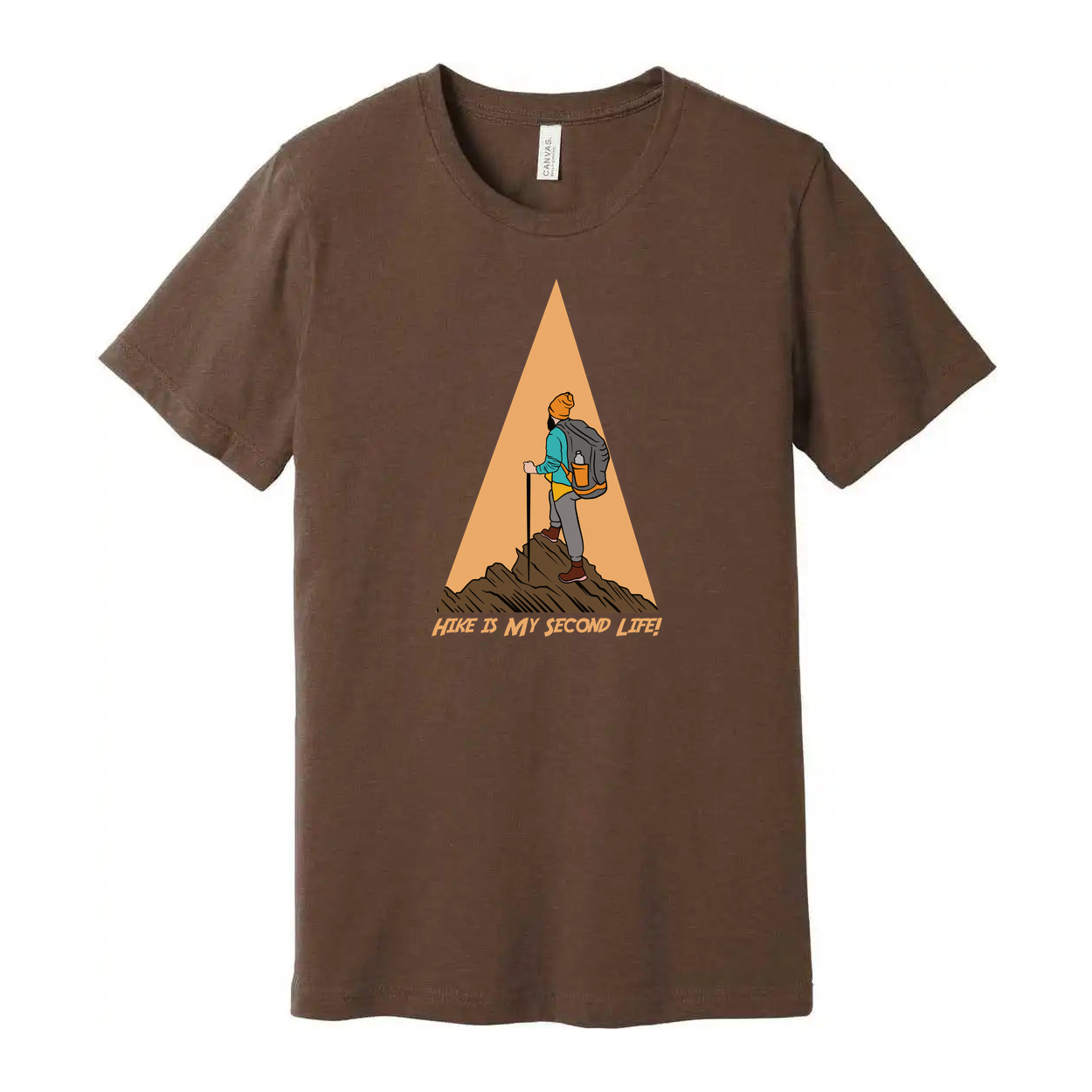 Unisex Hiking Graphic Tee With Trekking Figure And Triangular Mountain Design Print