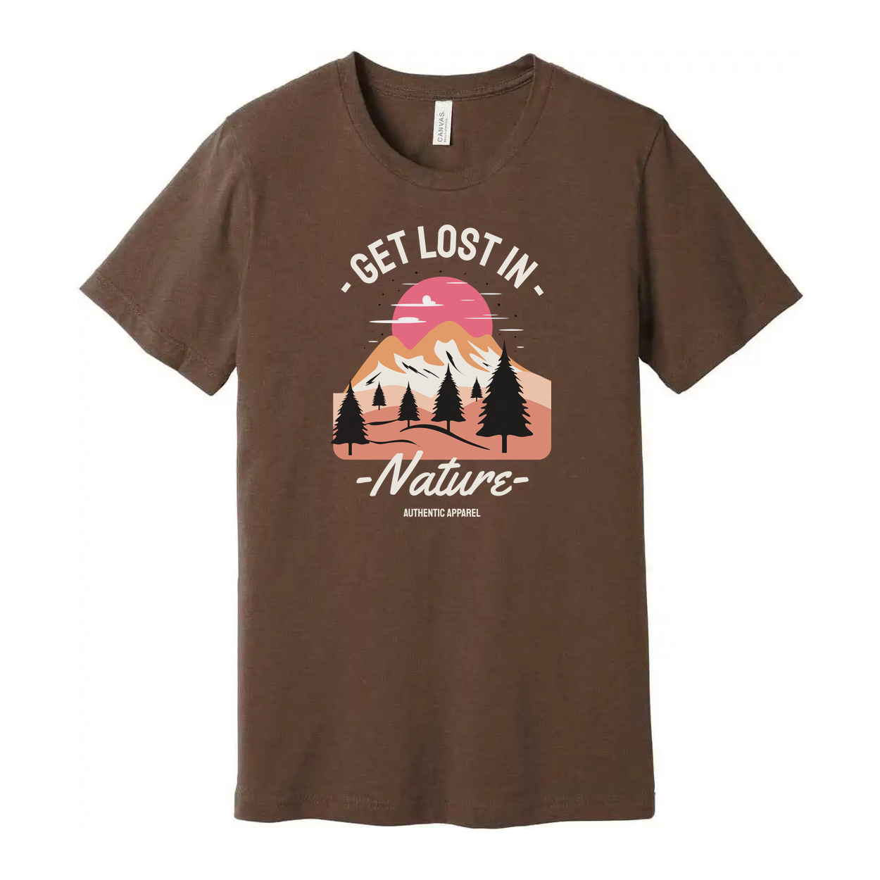 Get Lost In Nature Graphic T Shirt Featuring Sunset Mountain Range And Pine Trees