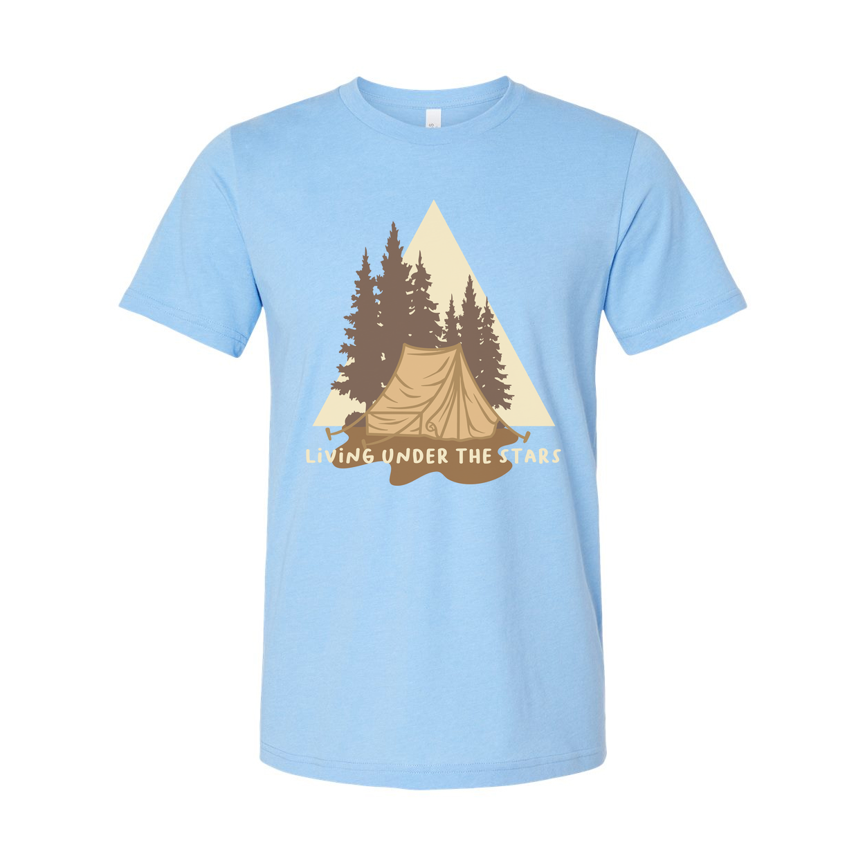 Living Under The Stars Camping Scene T-Shirt With Tent And Pine Trees For Outdoor Enthusiasts
