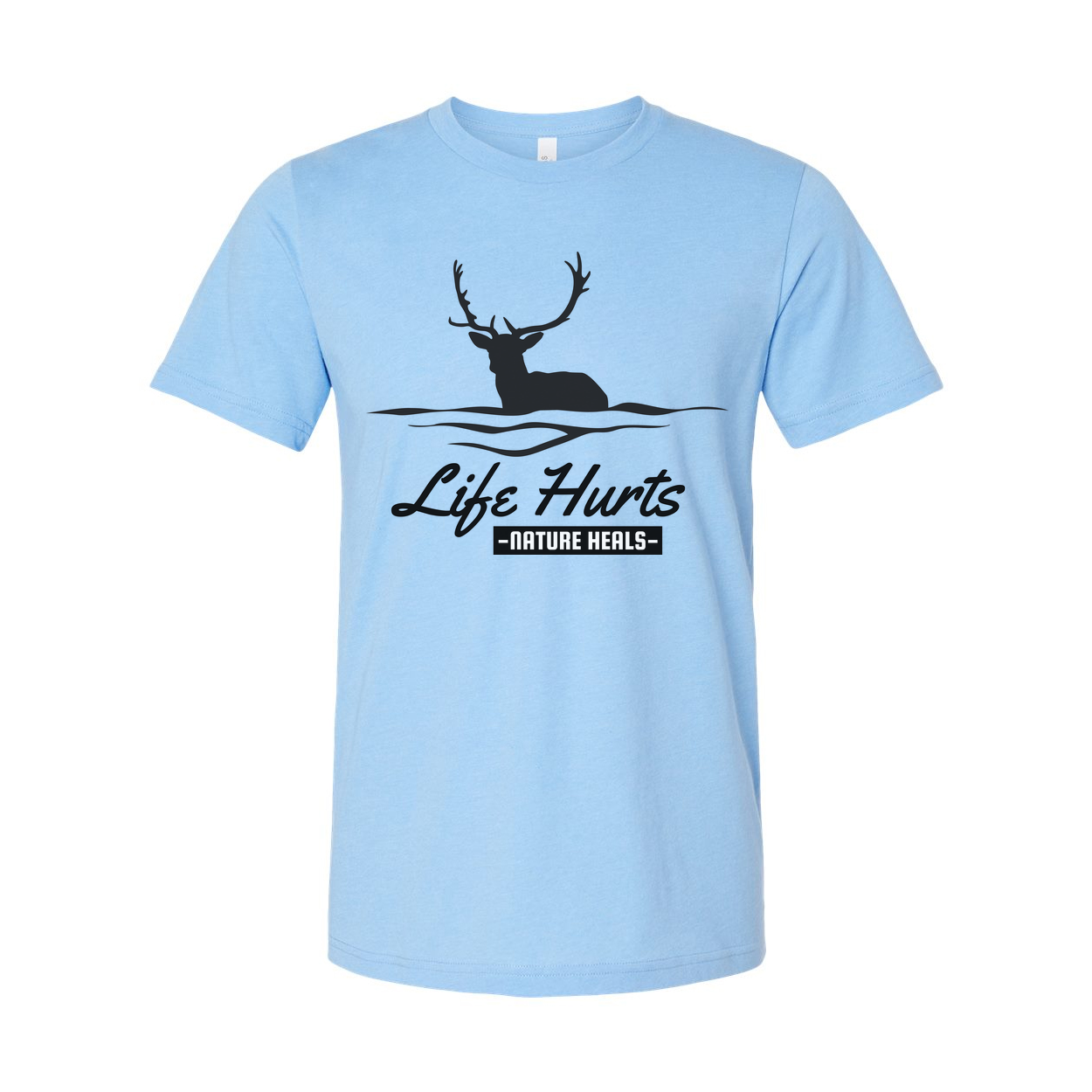 Unisex Outdoor Deer Silhouette T Shirt With Water Waves And Life Hurts Nature Heals Graphic