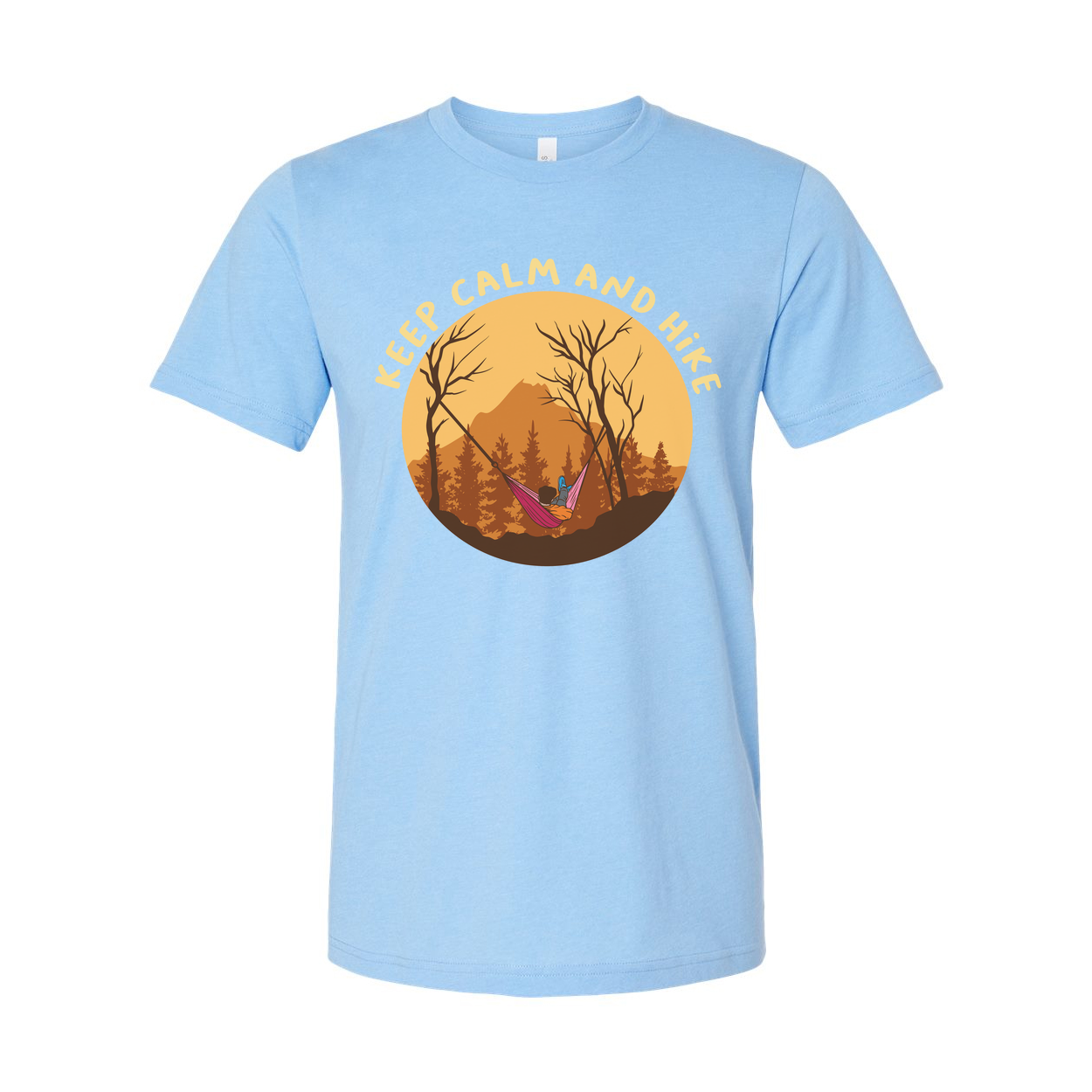 Keep Calm And Hike Graphic T Shirt With Sunset Forest Scene For Outdoor Enthusiasts