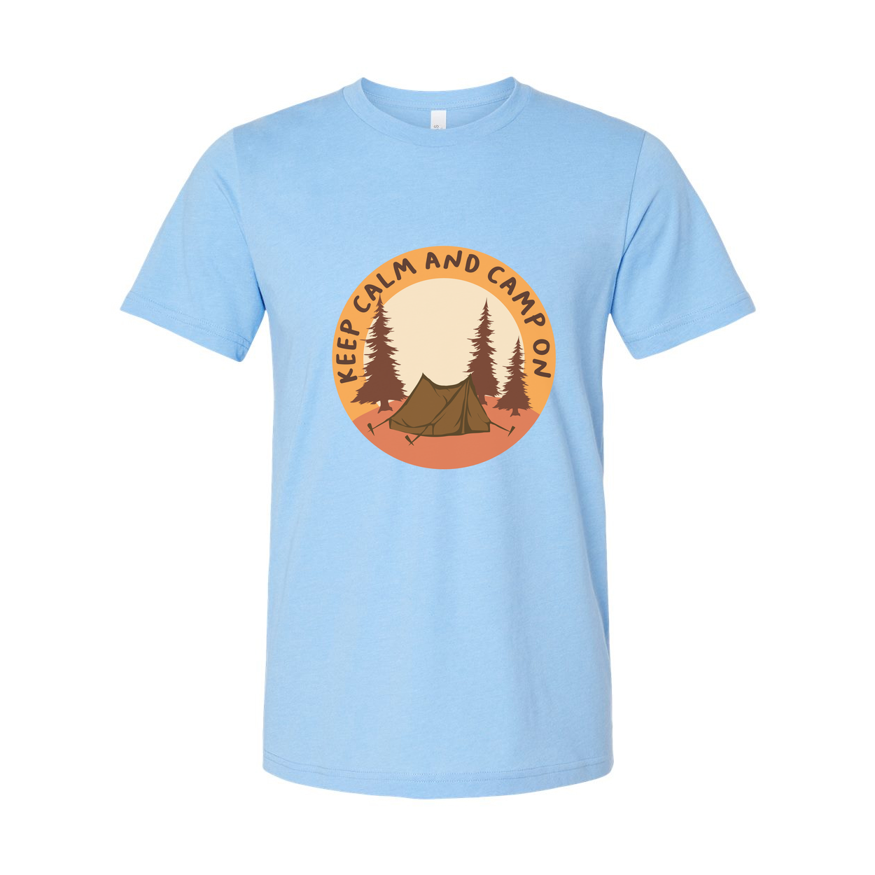 Unisex Outdoor Camping T Shirt With Tent and Pine Forest Circular Emblem in Orange