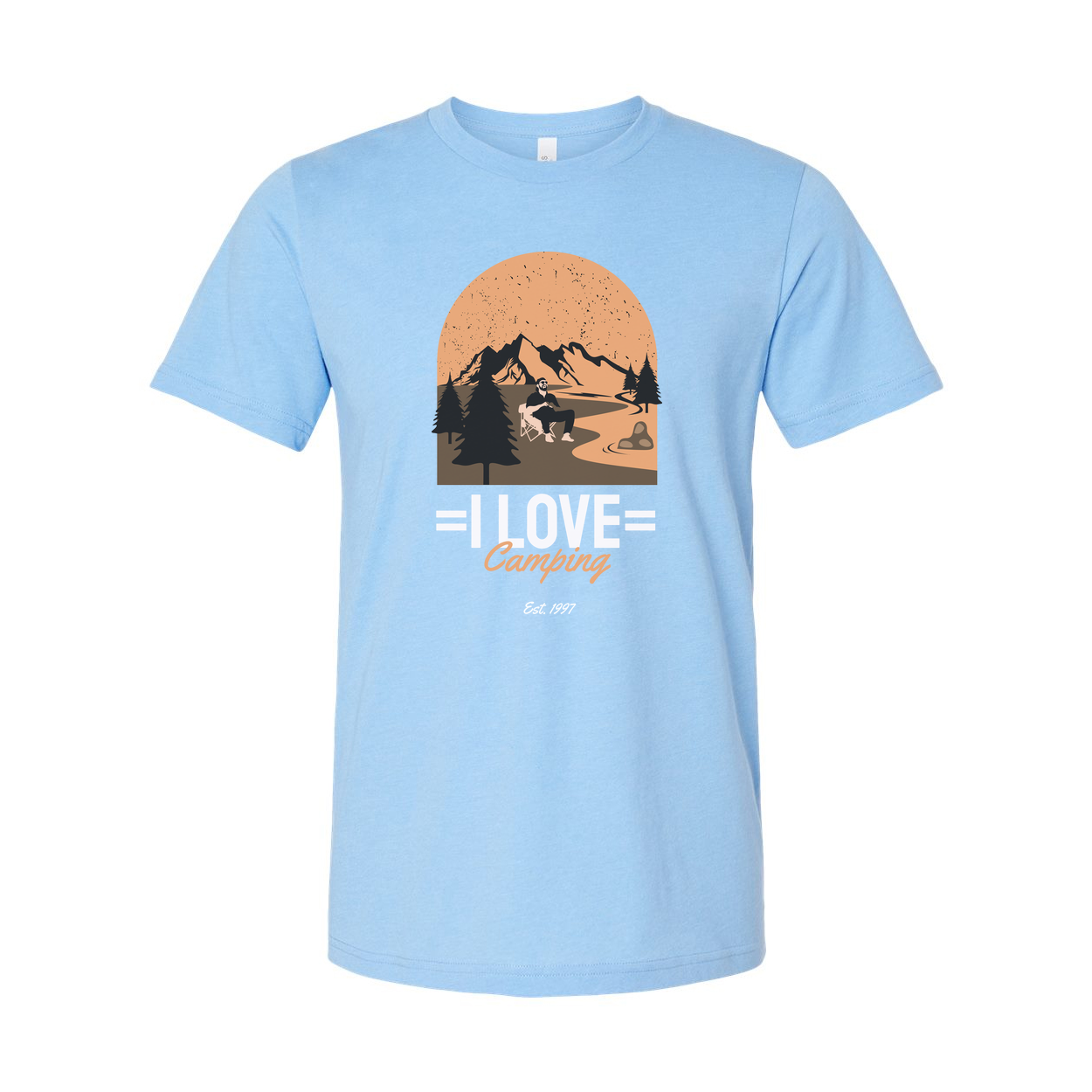 I Love Camping Graphic Unisex Tee With Mountain Range Forest And Sunset Arc For Hikers And Campers