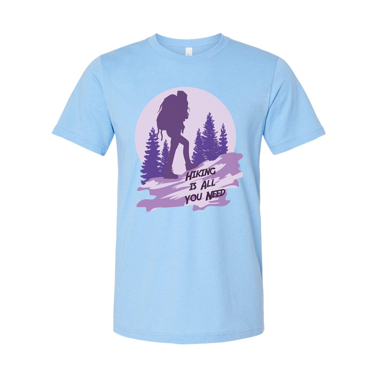 Unisex Hiking Graphic T Shirt With Silhouette Backpacker And Forest Design In Sunset Purple