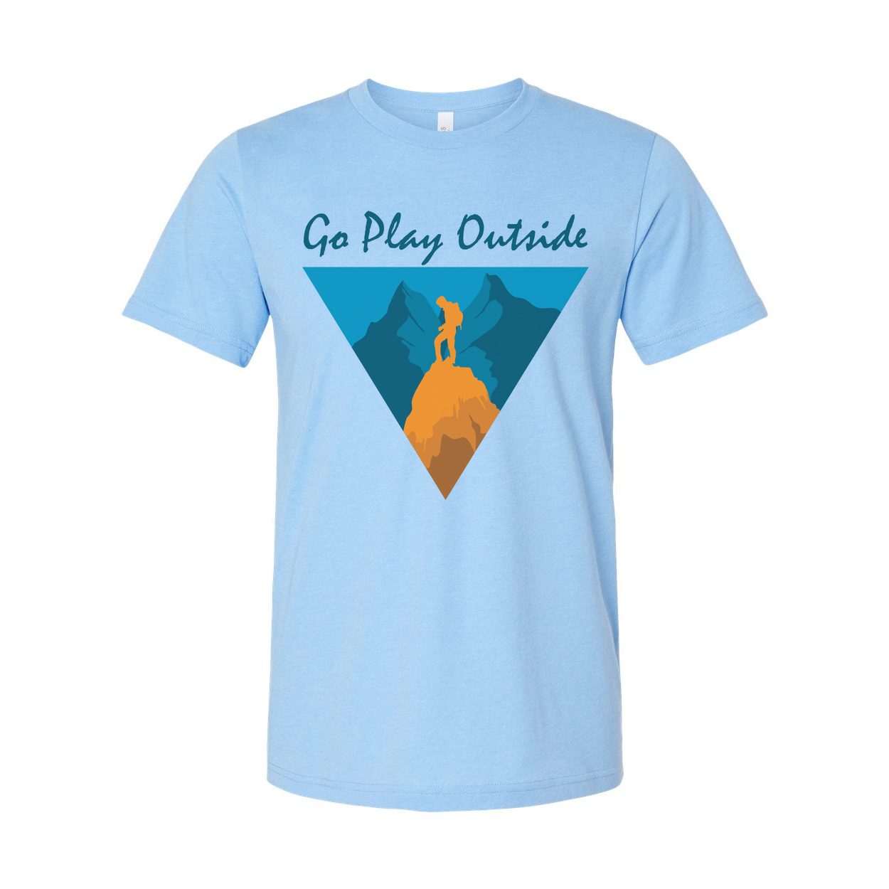 Go Play Outside Graphic T Shirt With Mountain Summit Silhouette Inside a Geometric Triangle Banner