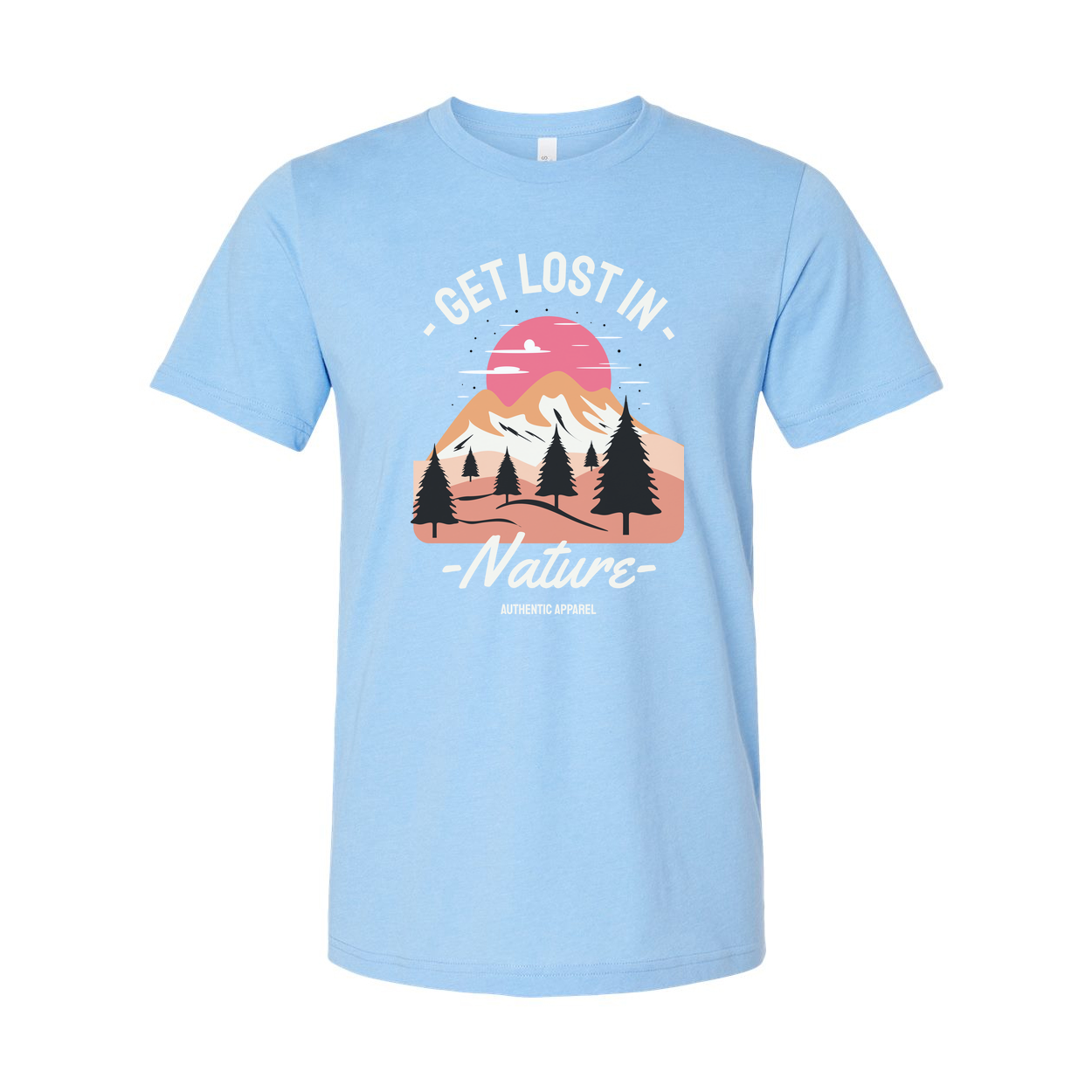 Get Lost In Nature Graphic T Shirt Featuring Sunset Mountain Range And Pine Trees