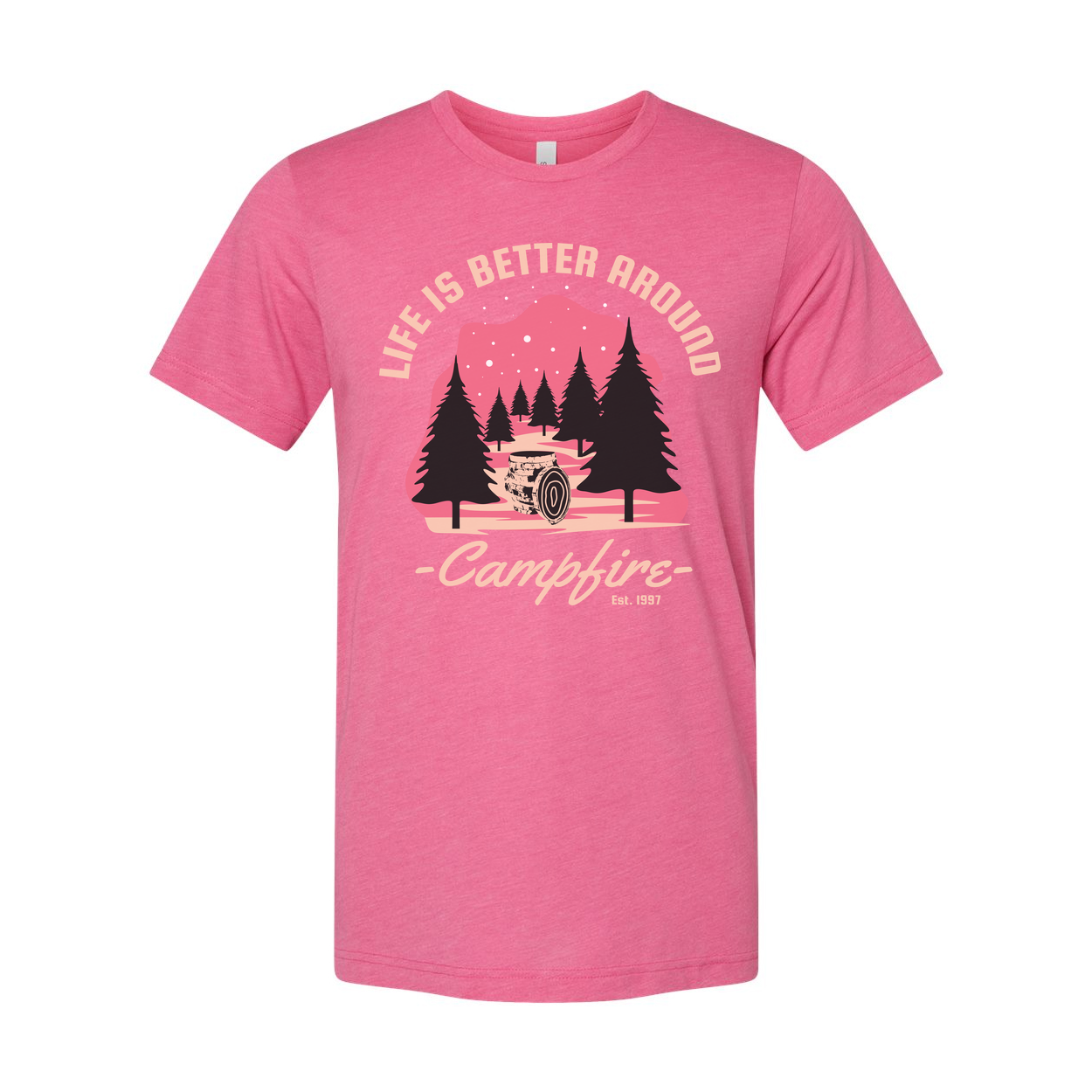 Unisex Outdoors Campfire Graphic T Shirt With Pine Forest Sunset Design For Adventure Enthusiasts