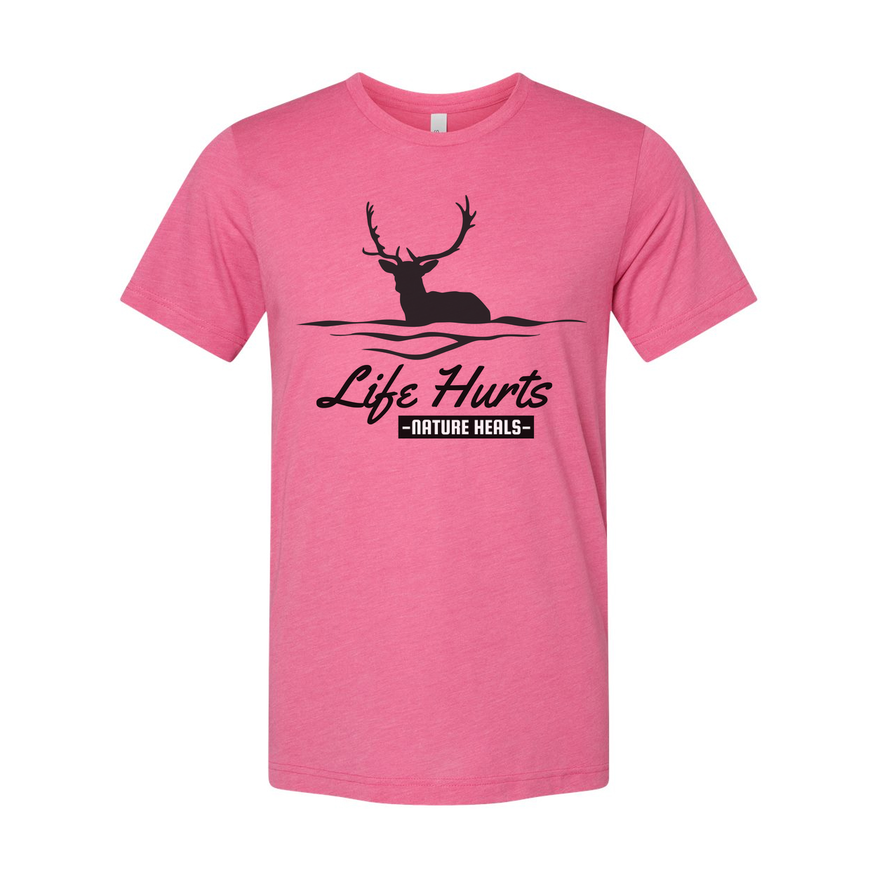 Unisex Outdoor Deer Silhouette T Shirt With Water Waves And Life Hurts Nature Heals Graphic