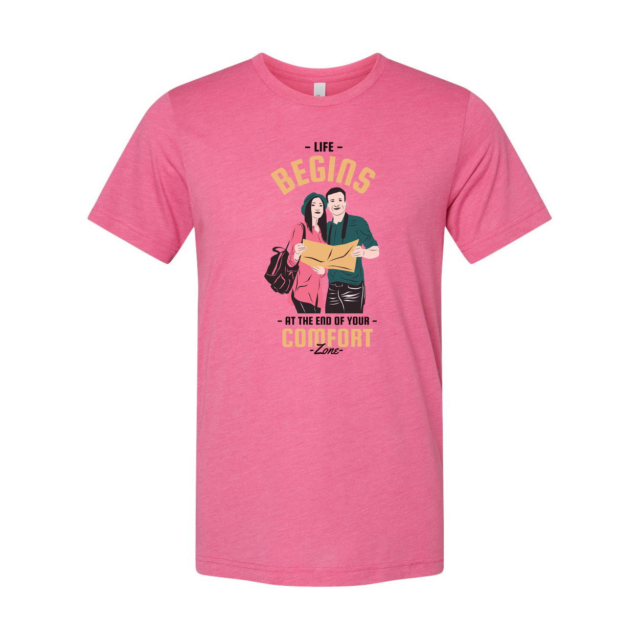 Outdoors Unisex Graphic Tee With Couple And Map Design And The Quote Life Begins At The End Of Your Comfort Zone