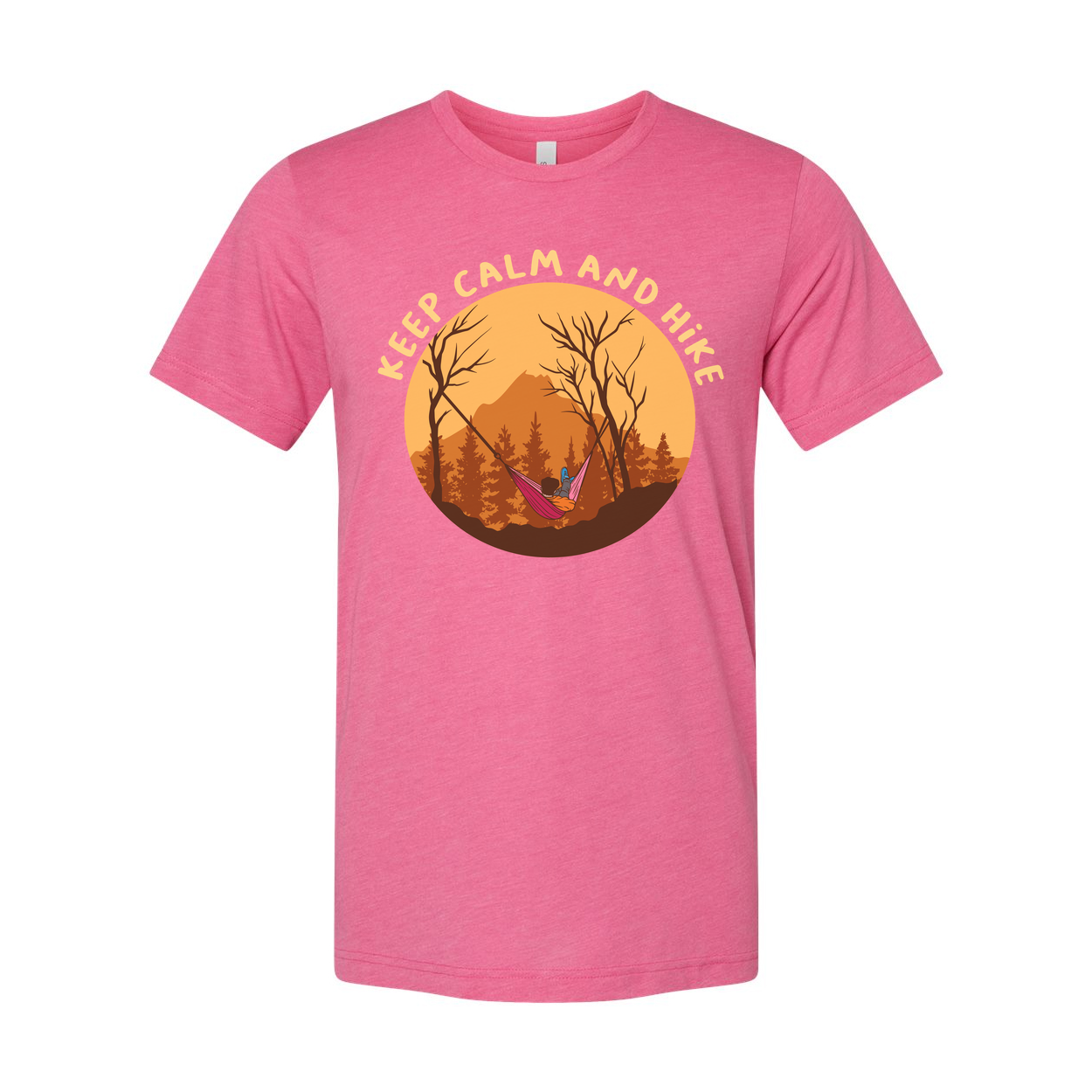 Keep Calm And Hike Graphic T Shirt With Sunset Forest Scene For Outdoor Enthusiasts