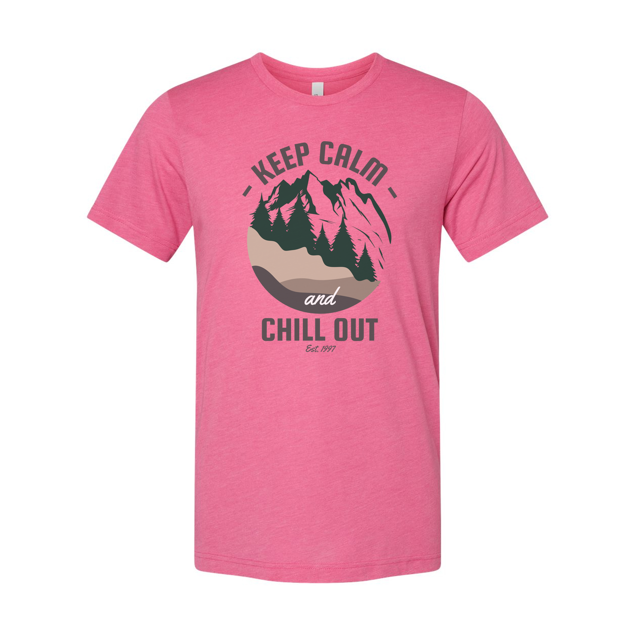 Keep Calm And Chill Out Graphic Tee With Mountain Landscape And Forest Scene Pattern