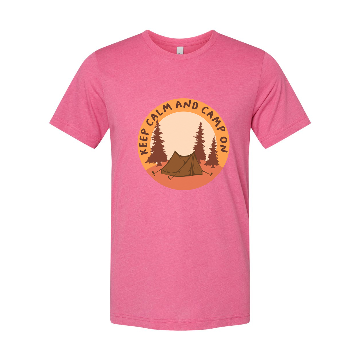 Unisex Outdoor Camping T Shirt With Tent and Pine Forest Circular Emblem in Orange