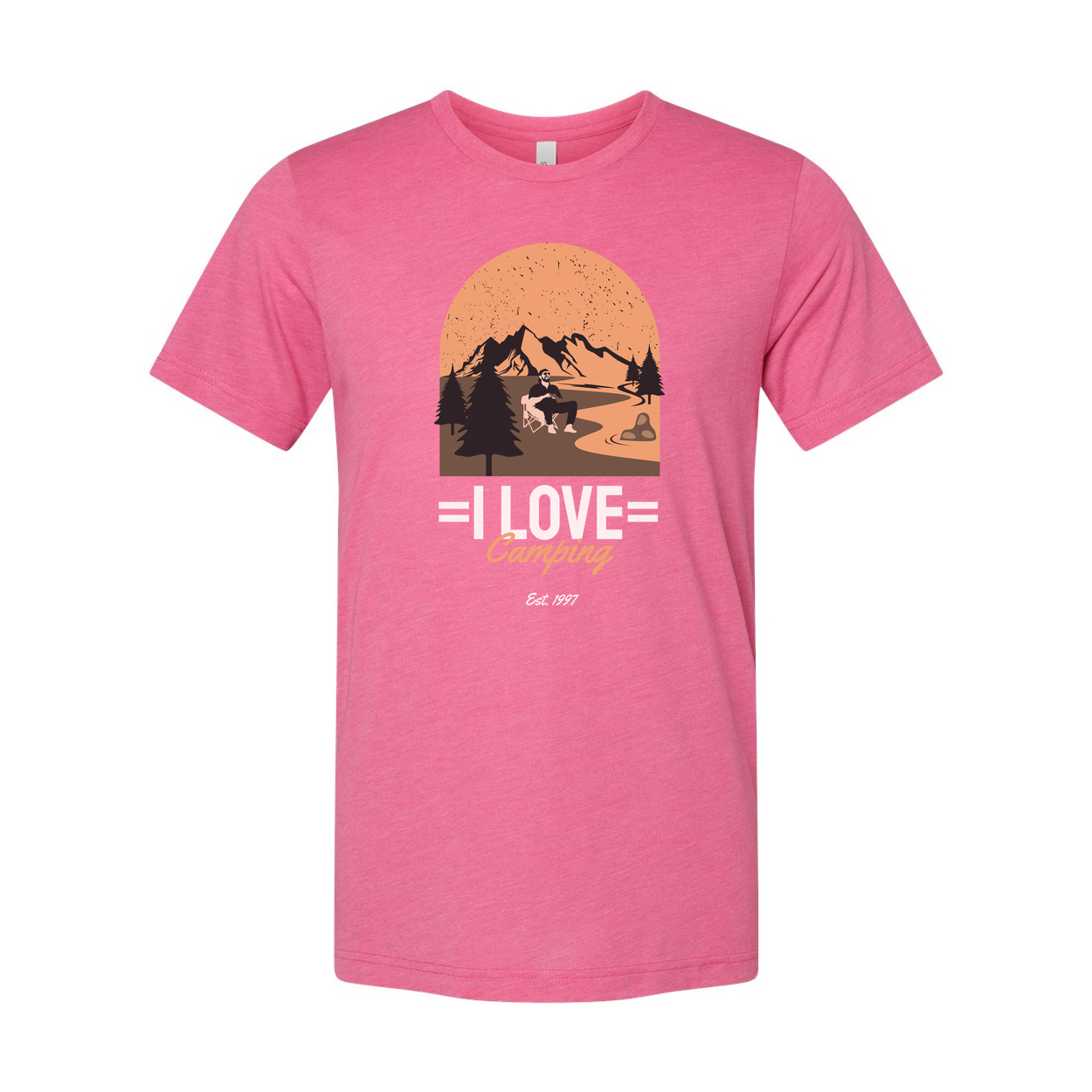 I Love Camping Graphic Unisex Tee With Mountain Range Forest And Sunset Arc For Hikers And Campers