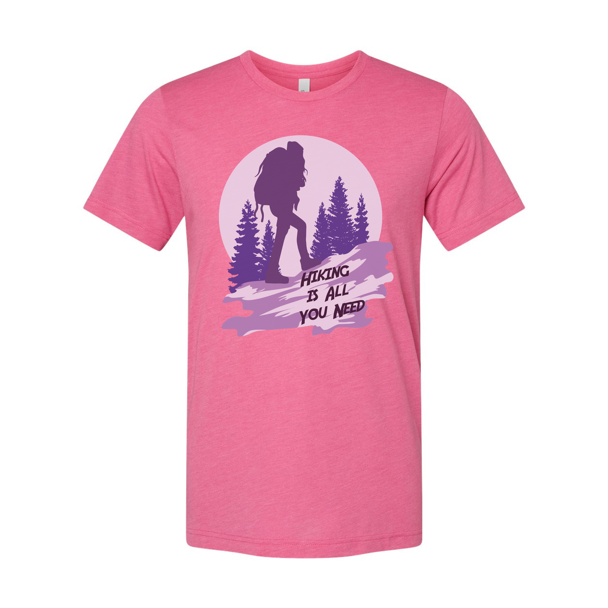 Unisex Hiking Graphic T Shirt With Silhouette Backpacker And Forest Design In Sunset Purple
