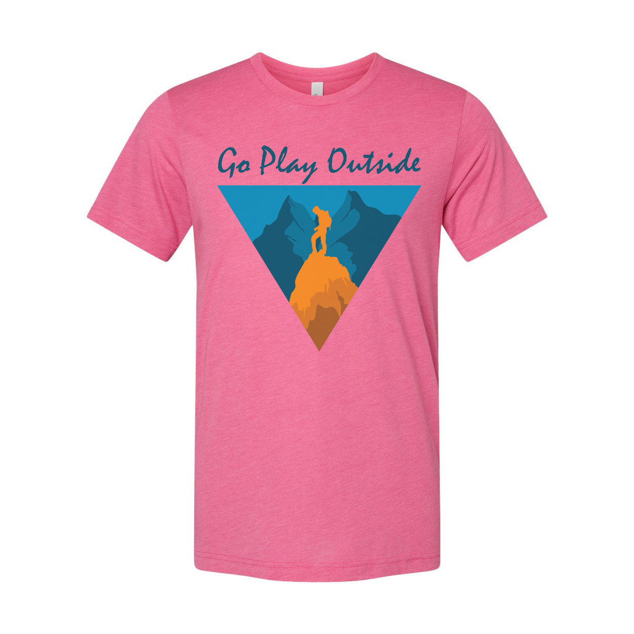 Go Play Outside Graphic T Shirt With Mountain Summit Silhouette Inside a Geometric Triangle Banner