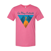 Go Play Outside Graphic T Shirt With Mountain Summit Silhouette Inside a Geometric Triangle Banner