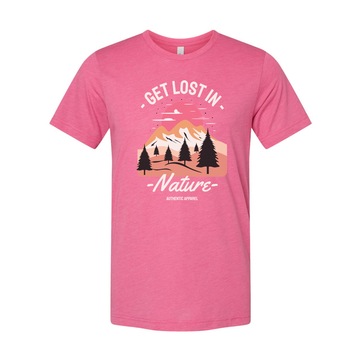 Get Lost In Nature Graphic T Shirt Featuring Sunset Mountain Range And Pine Trees