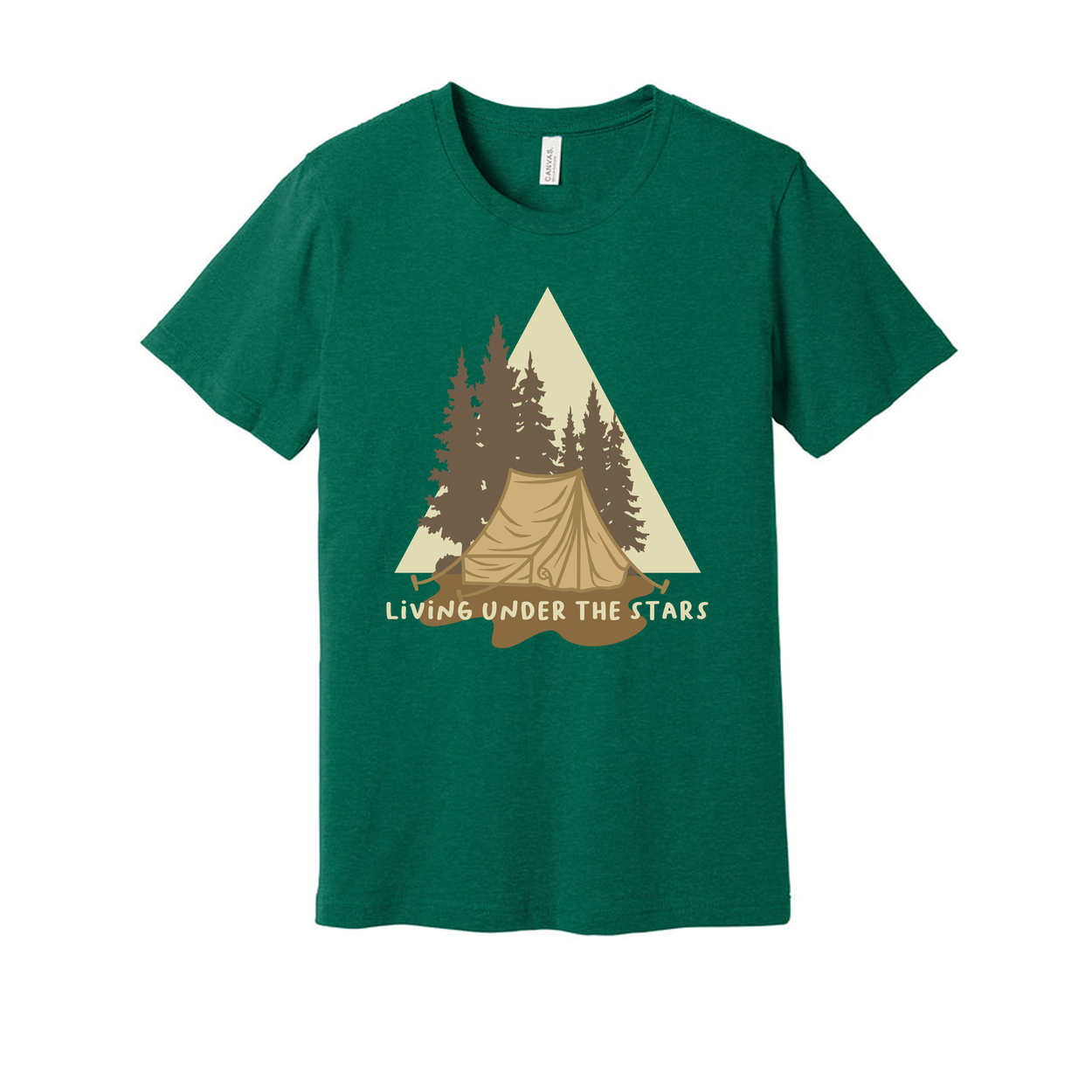 Living Under The Stars Camping Scene T-Shirt With Tent And Pine Trees For Outdoor Enthusiasts