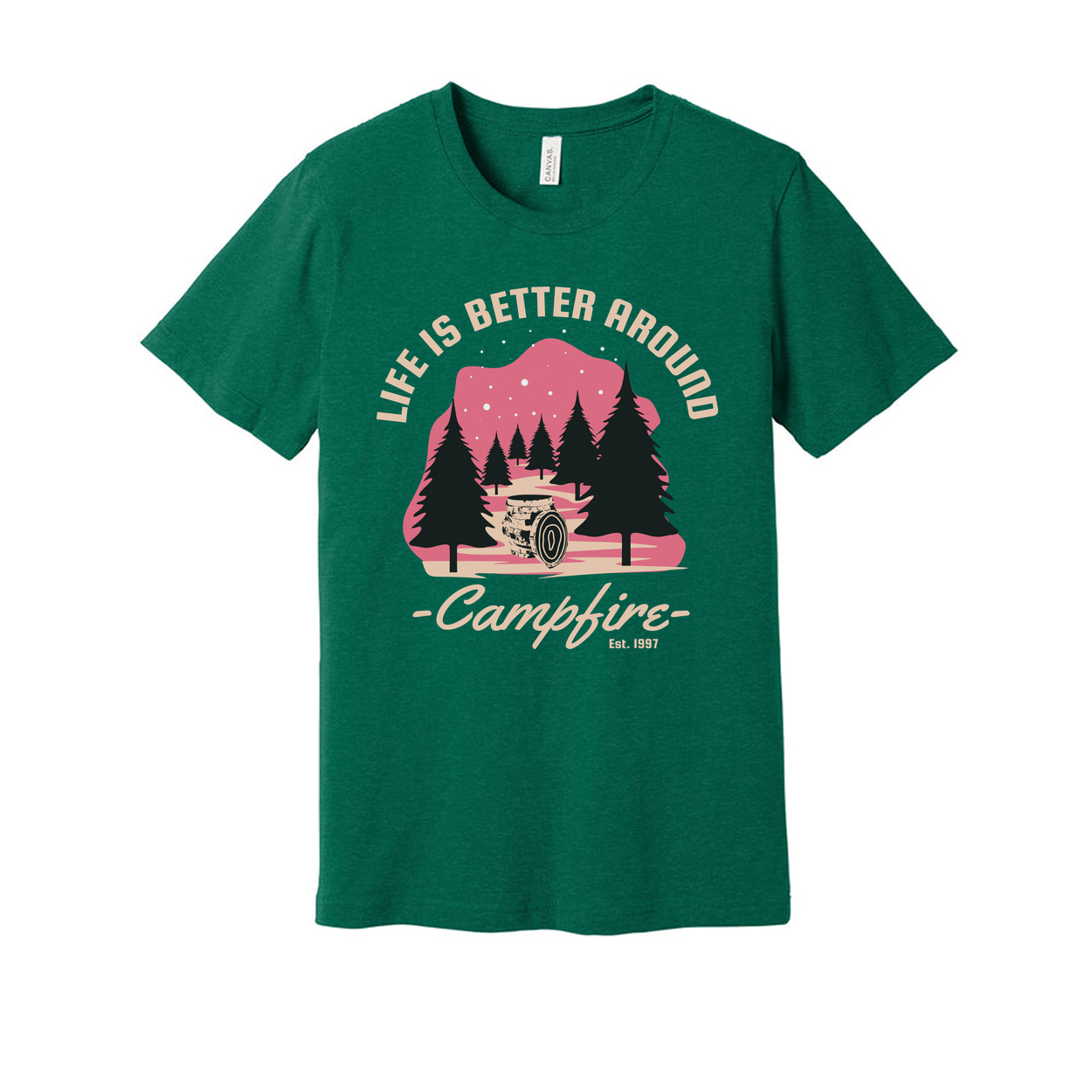 Unisex Outdoors Campfire Graphic T Shirt With Pine Forest Sunset Design For Adventure Enthusiasts