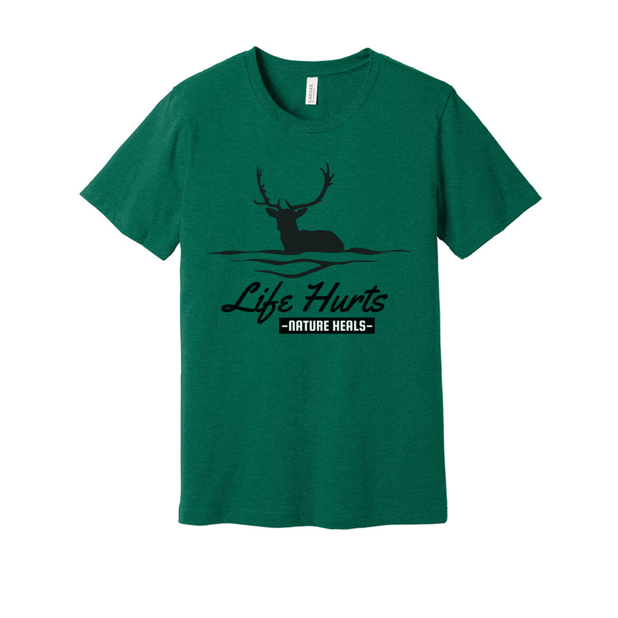 Unisex Outdoor Deer Silhouette T Shirt With Water Waves And Life Hurts Nature Heals Graphic