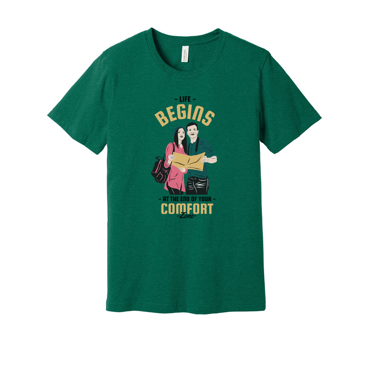Outdoors Unisex Graphic Tee With Couple And Map Design And The Quote Life Begins At The End Of Your Comfort Zone