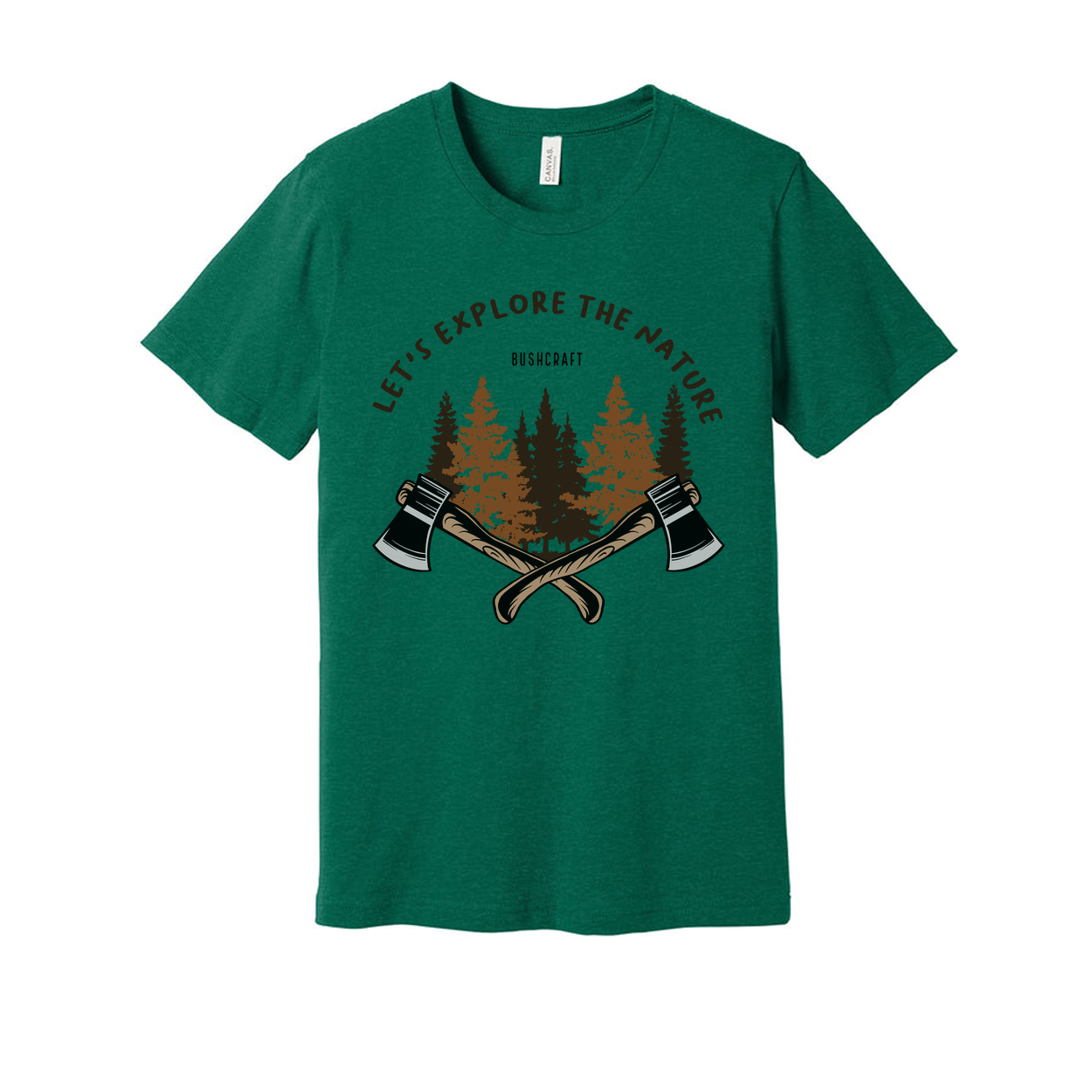 Unisex Outdoor T Shirt With Forest Scene And Crossed Axes Graphic Bushcraft Design