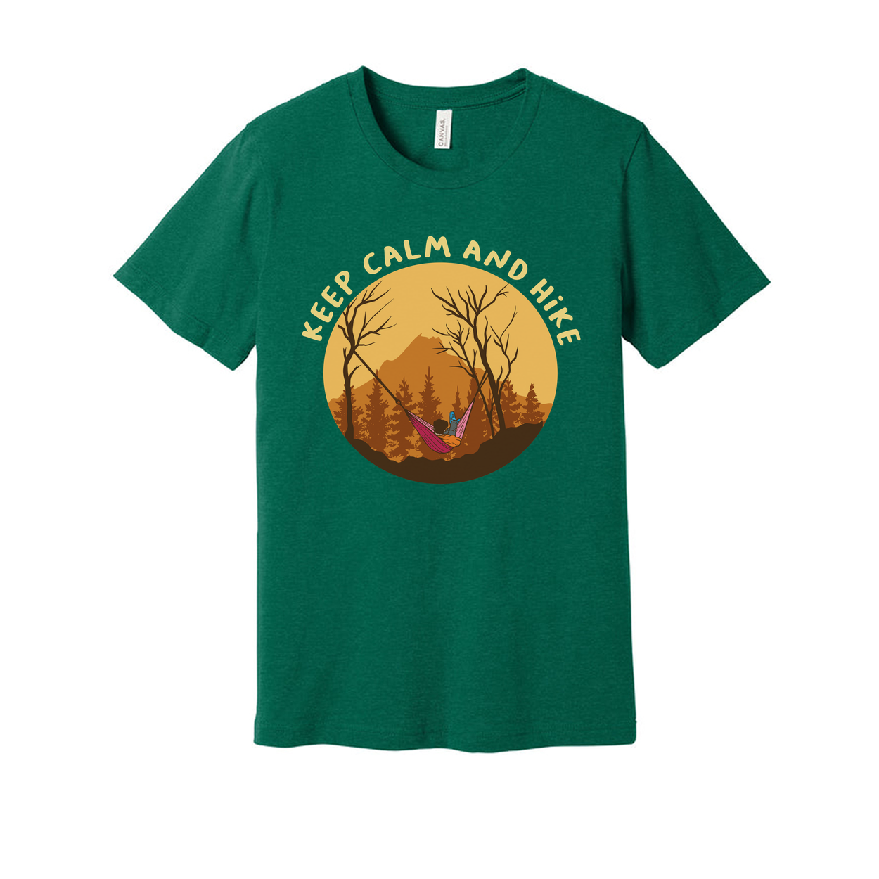 Keep Calm And Hike Graphic T Shirt With Sunset Forest Scene For Outdoor Enthusiasts