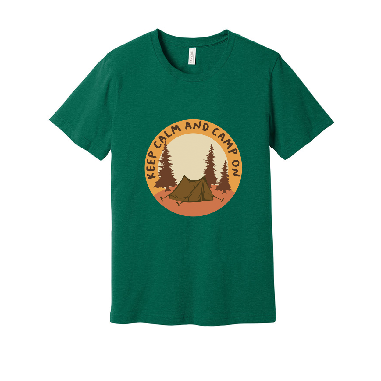 Unisex Outdoor Camping T Shirt With Tent and Pine Forest Circular Emblem in Orange