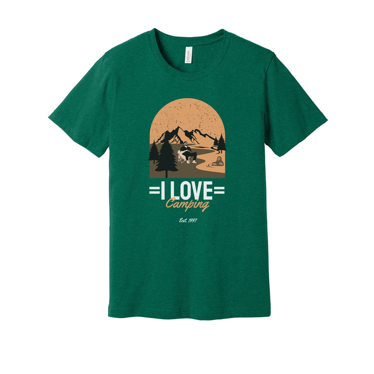 I Love Camping Graphic Unisex Tee With Mountain Range Forest And Sunset Arc For Hikers And Campers