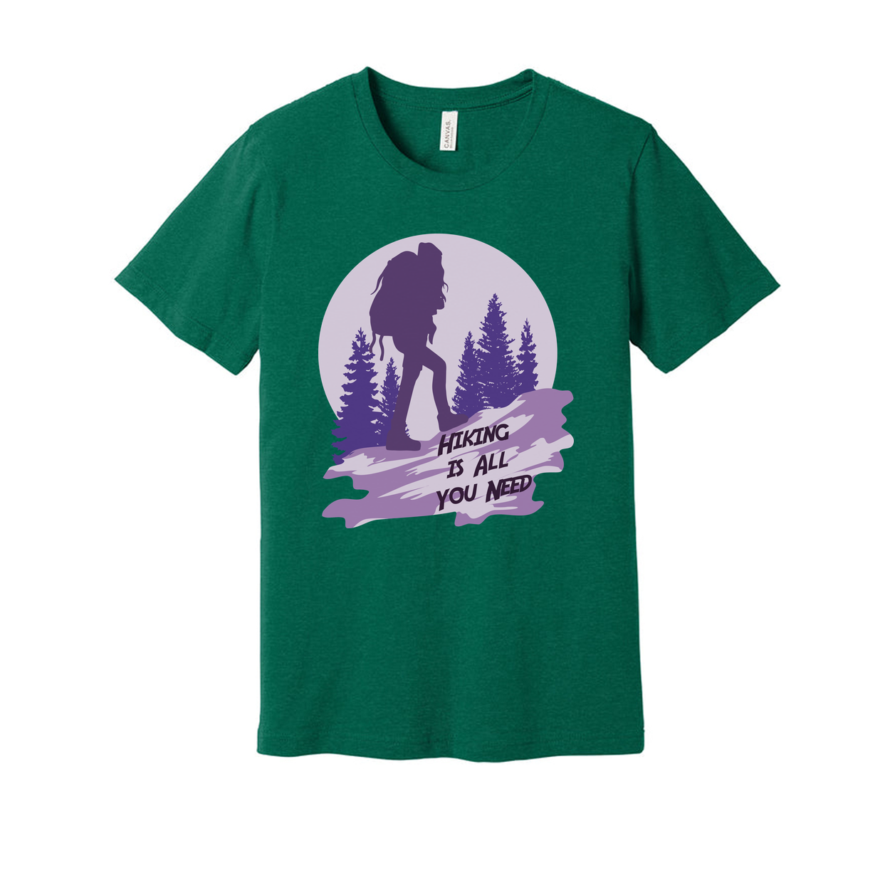 Unisex Hiking Graphic T Shirt With Silhouette Backpacker And Forest Design In Sunset Purple