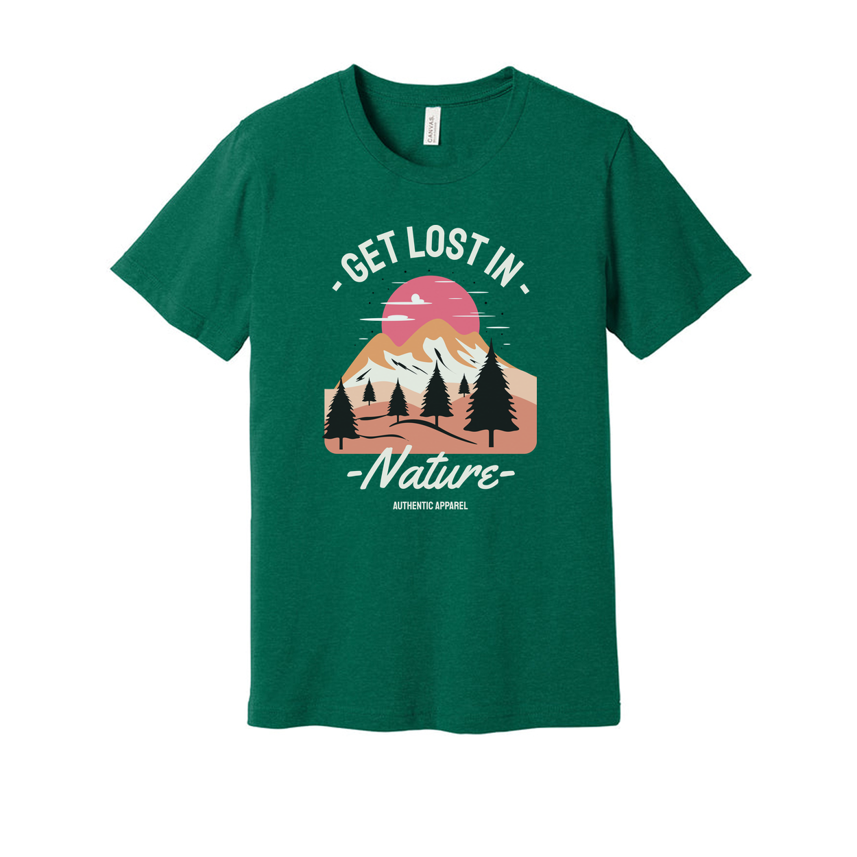 Get Lost In Nature Graphic T Shirt Featuring Sunset Mountain Range And Pine Trees