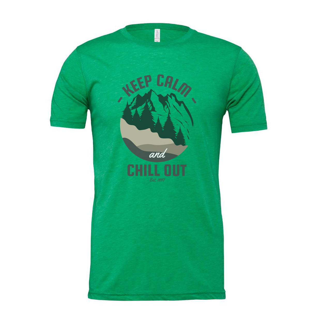 Keep Calm And Chill Out Graphic Tee With Mountain Landscape And Forest Scene Pattern