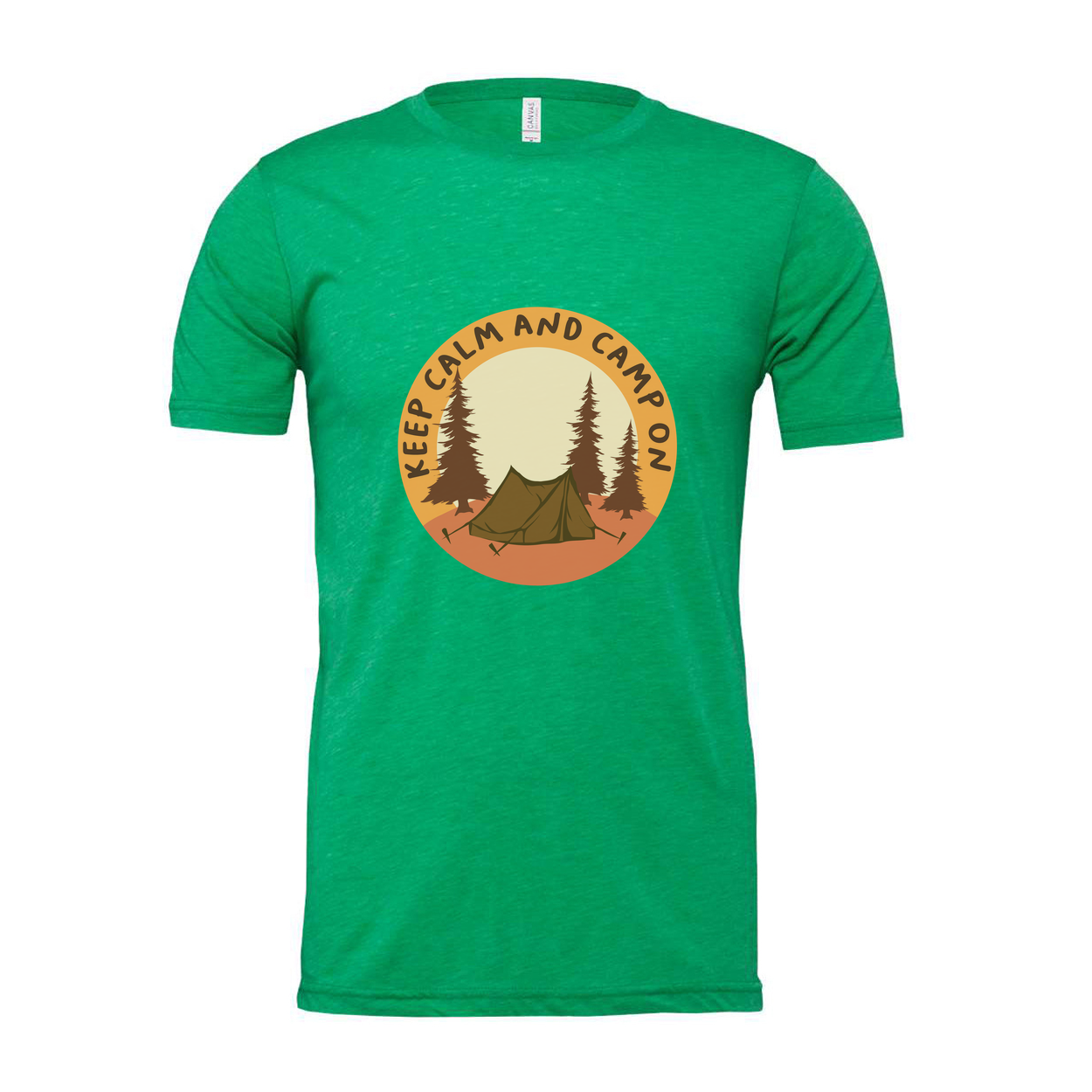 Unisex Outdoor Camping T Shirt With Tent and Pine Forest Circular Emblem in Orange