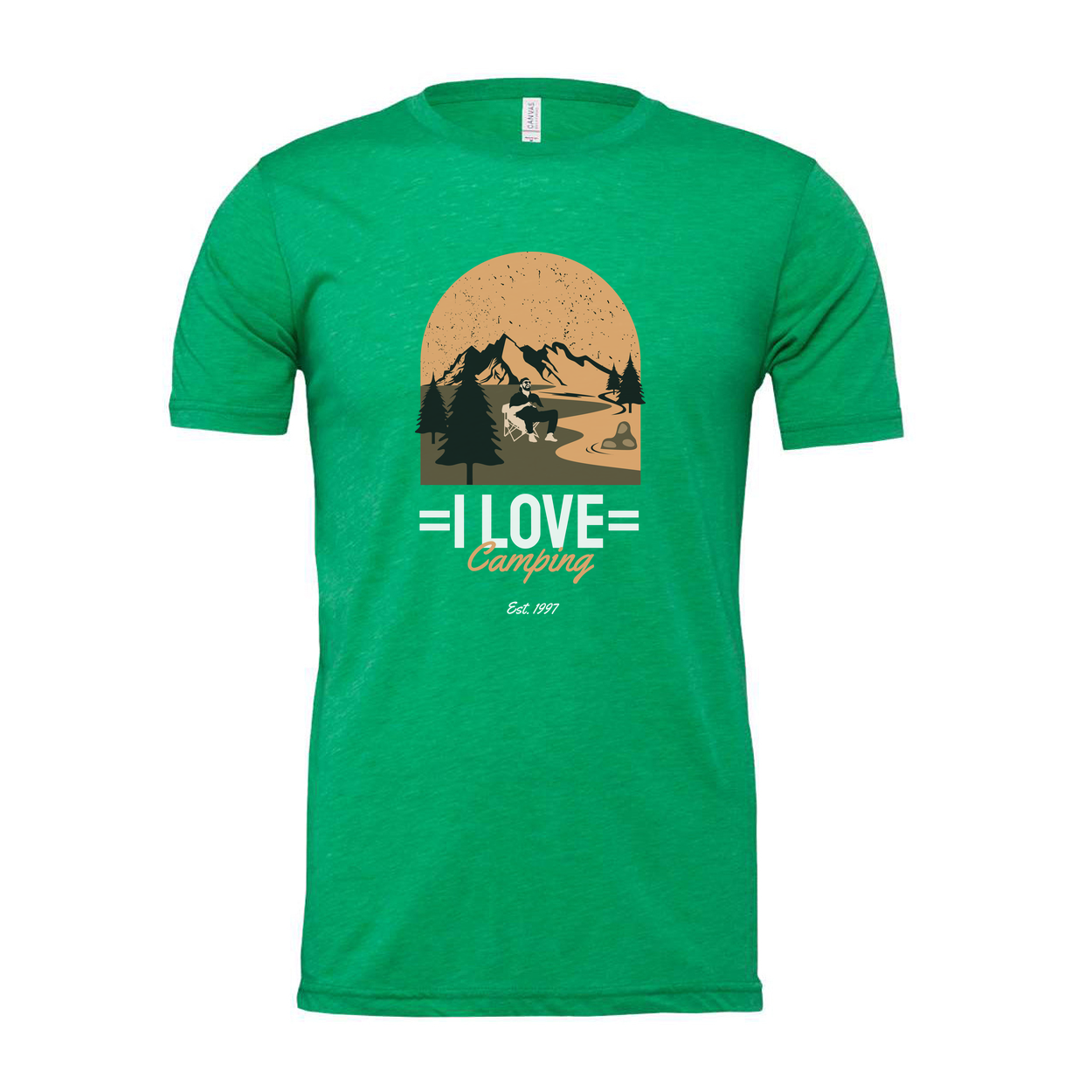 I Love Camping Graphic Unisex Tee With Mountain Range Forest And Sunset Arc For Hikers And Campers