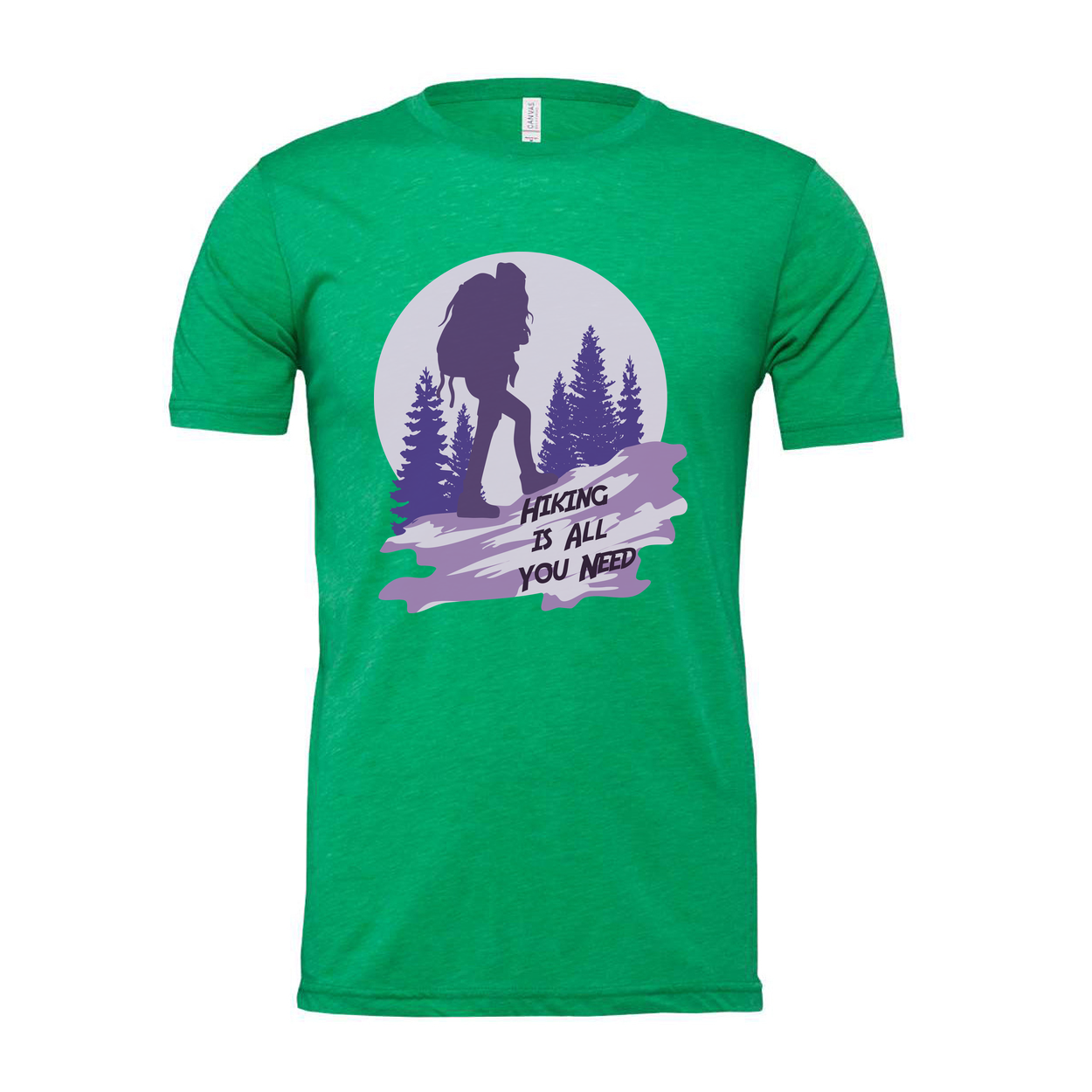 Unisex Hiking Graphic T Shirt With Silhouette Backpacker And Forest Design In Sunset Purple