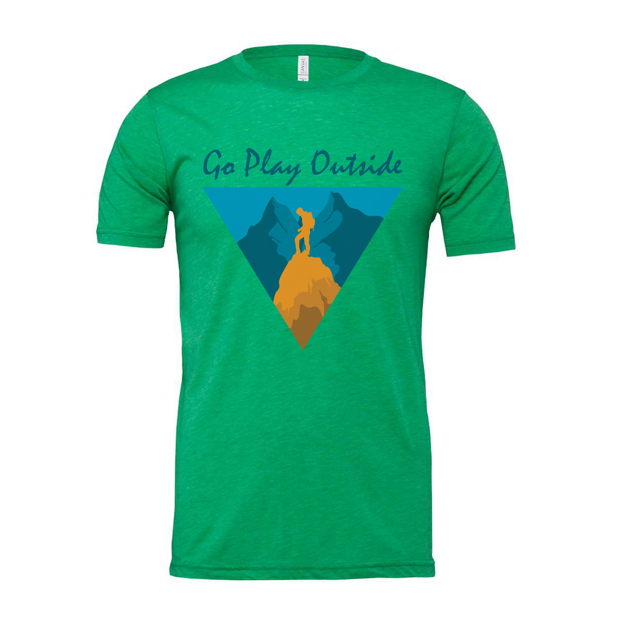 Go Play Outside Graphic T Shirt With Mountain Summit Silhouette Inside a Geometric Triangle Banner