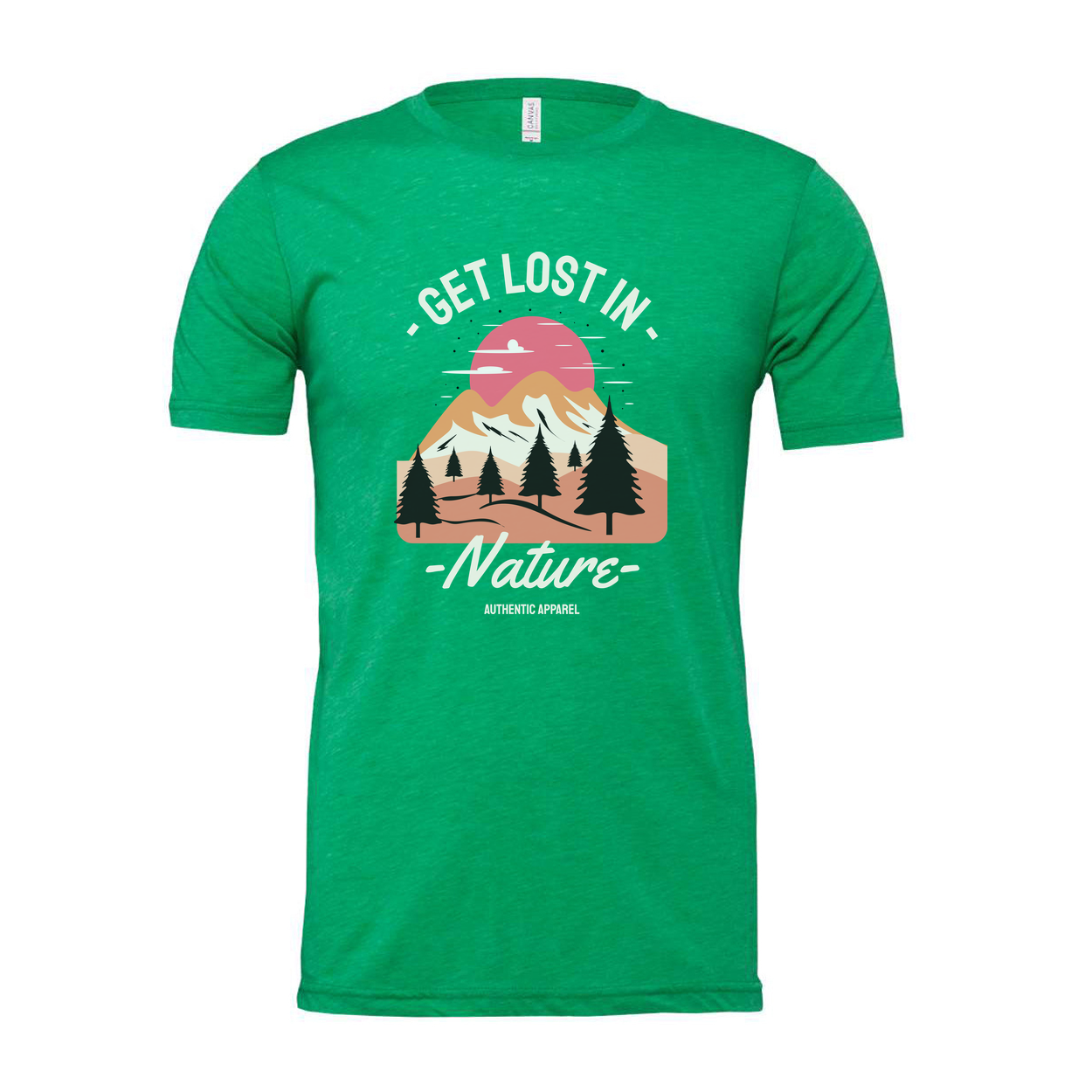 Get Lost In Nature Graphic T Shirt Featuring Sunset Mountain Range And Pine Trees