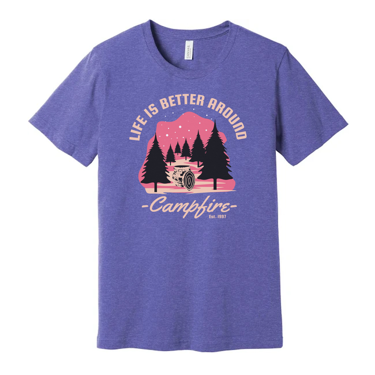 Unisex Outdoors Campfire Graphic T Shirt With Pine Forest Sunset Design For Adventure Enthusiasts