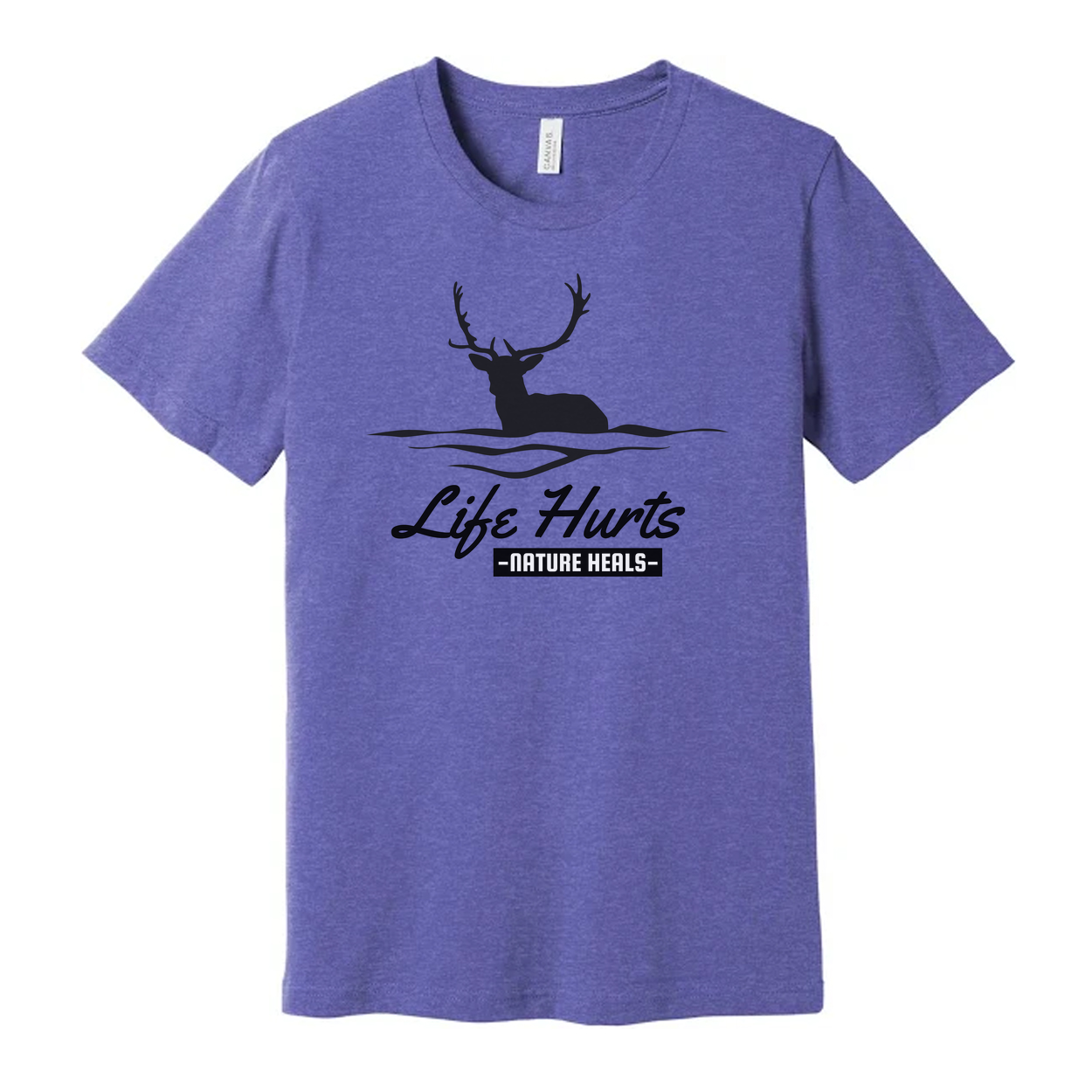 Unisex Outdoor Deer Silhouette T Shirt With Water Waves And Life Hurts Nature Heals Graphic