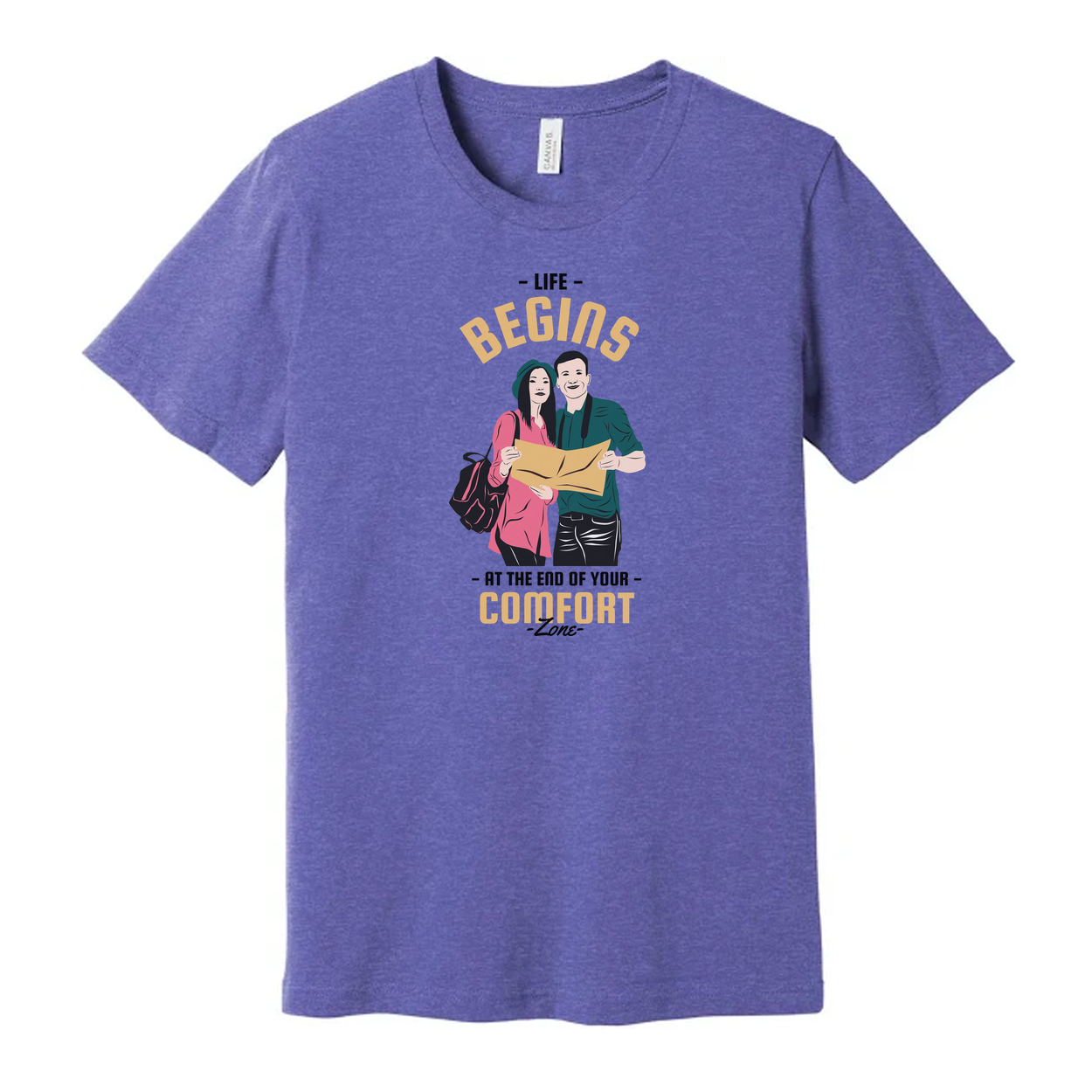 Outdoors Unisex Graphic Tee With Couple And Map Design And The Quote Life Begins At The End Of Your Comfort Zone