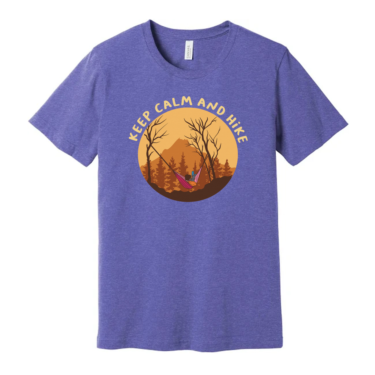 Keep Calm And Hike Graphic T Shirt With Sunset Forest Scene For Outdoor Enthusiasts