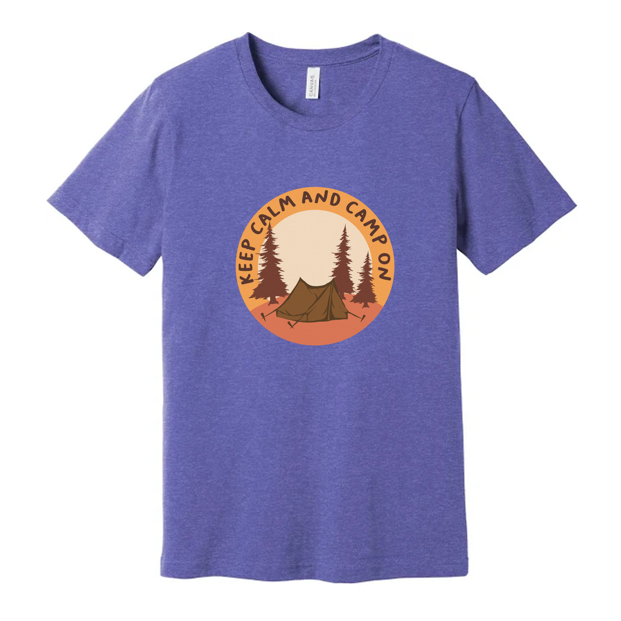 Unisex Outdoor Camping T Shirt With Tent and Pine Forest Circular Emblem in Orange