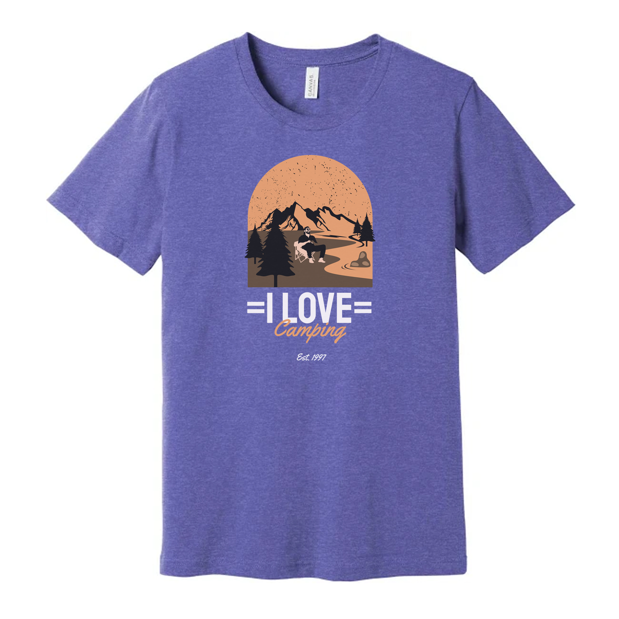 I Love Camping Graphic Unisex Tee With Mountain Range Forest And Sunset Arc For Hikers And Campers