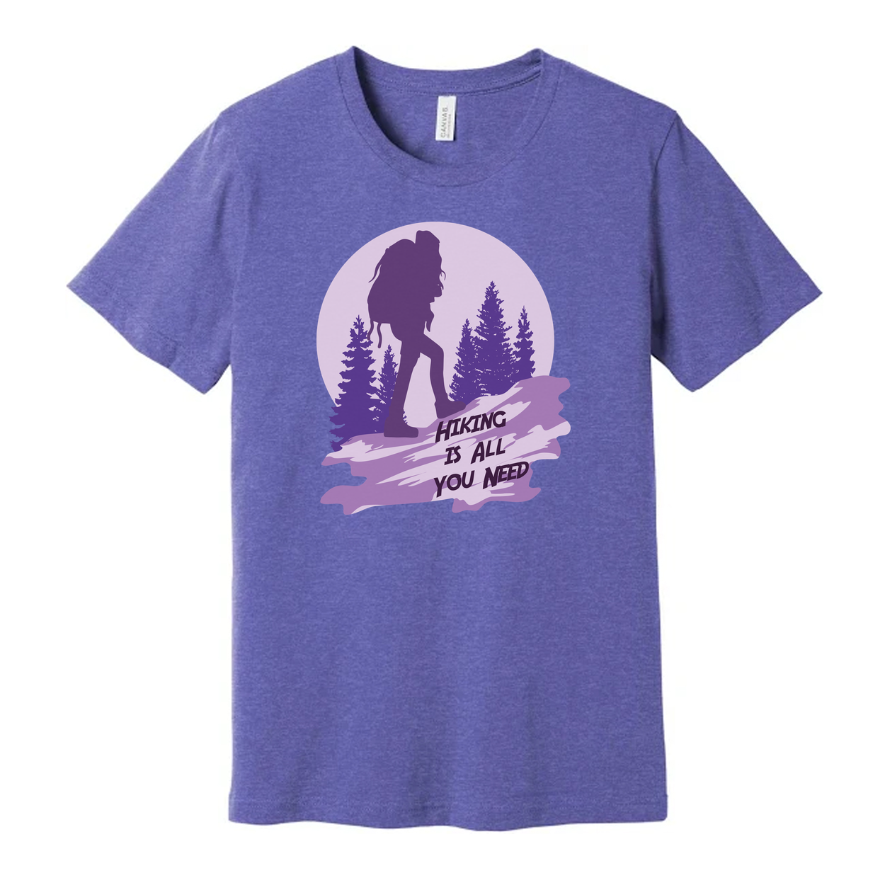 Unisex Hiking Graphic T Shirt With Silhouette Backpacker And Forest Design In Sunset Purple