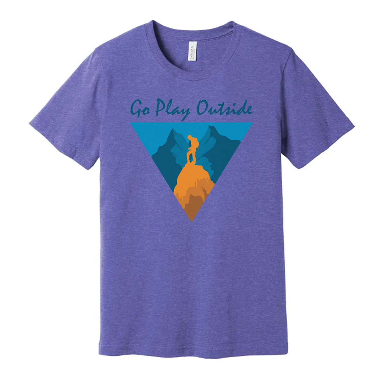 Go Play Outside Graphic T Shirt With Mountain Summit Silhouette Inside a Geometric Triangle Banner