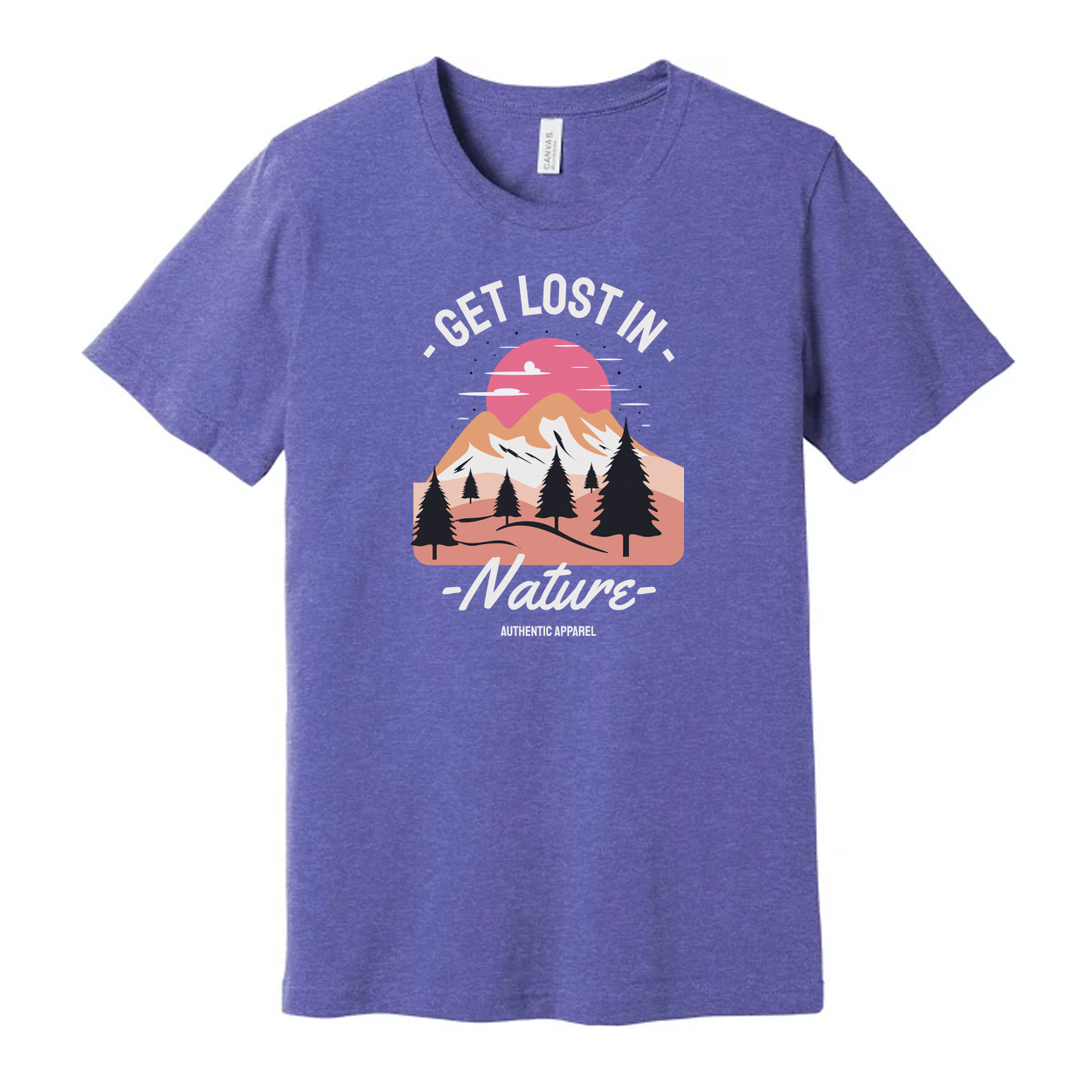 Get Lost In Nature Graphic T Shirt Featuring Sunset Mountain Range And Pine Trees
