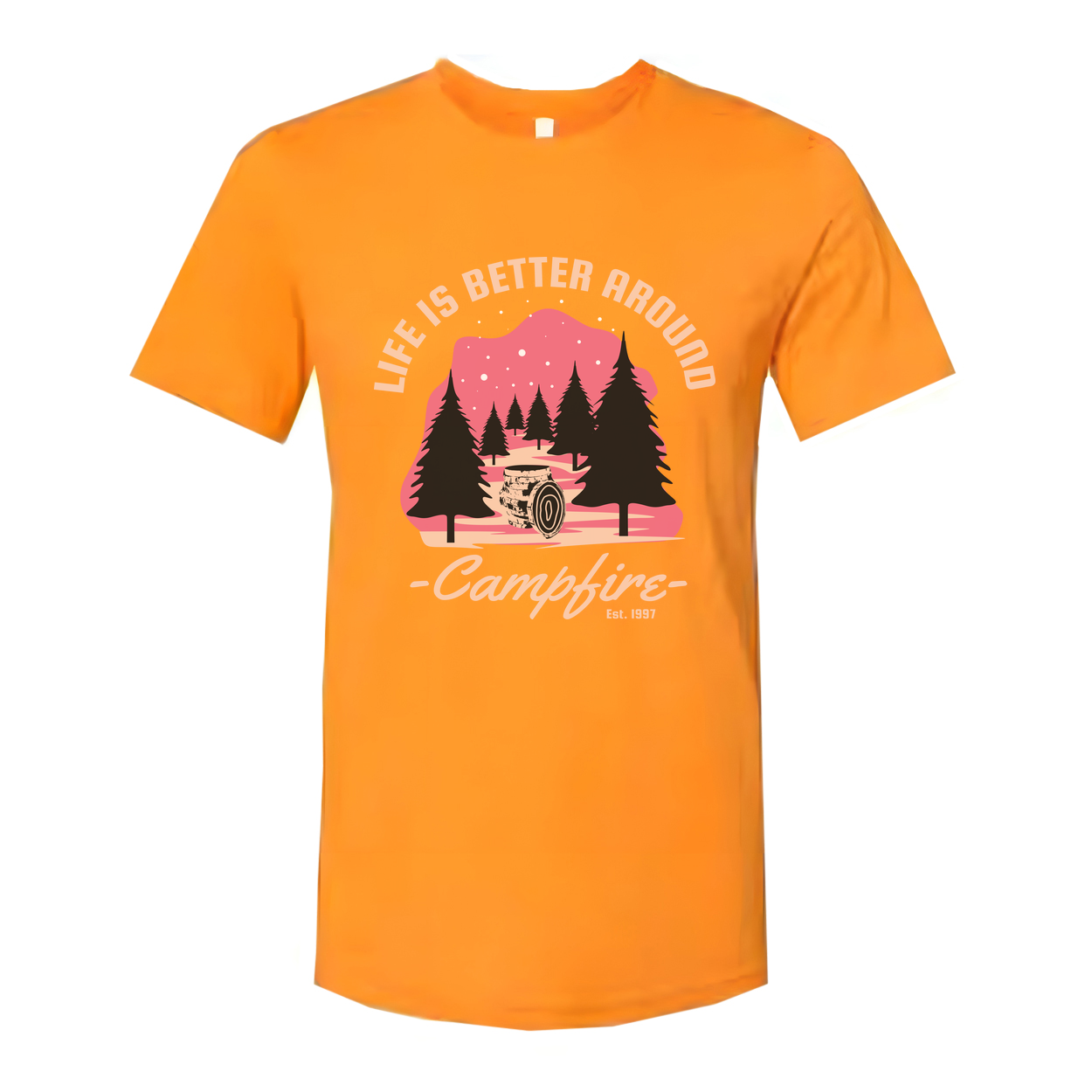 Unisex Outdoors Campfire Graphic T Shirt With Pine Forest Sunset Design For Adventure Enthusiasts
