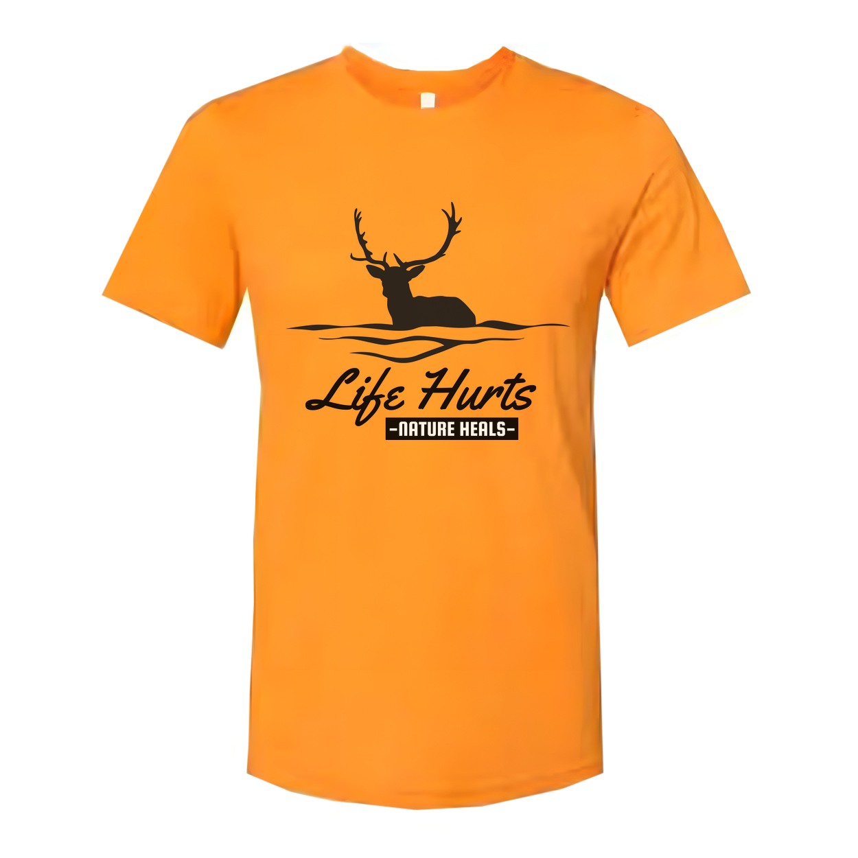 Unisex Outdoor Deer Silhouette T Shirt With Water Waves And Life Hurts Nature Heals Graphic