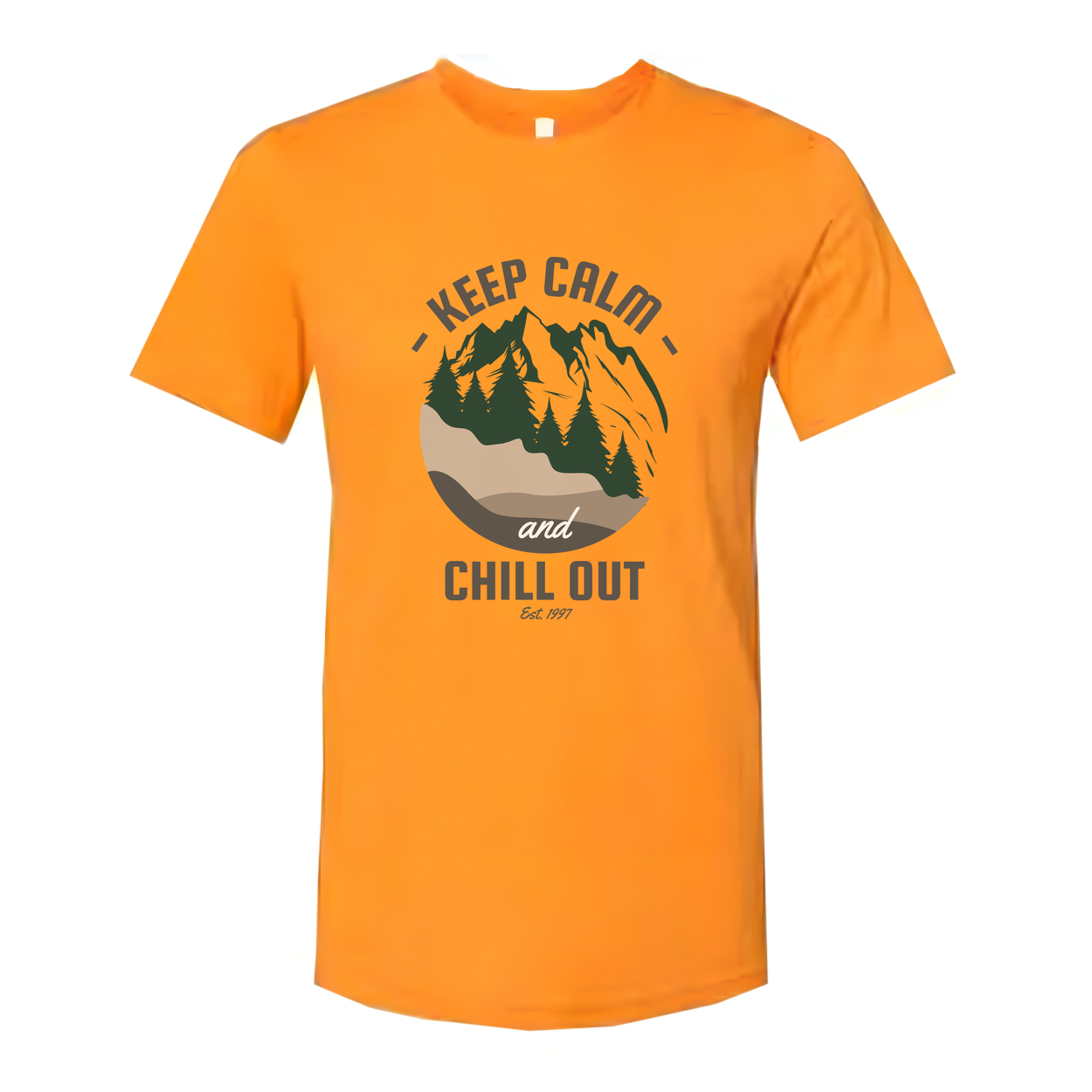 Keep Calm And Chill Out Graphic Tee With Mountain Landscape And Forest Scene Pattern
